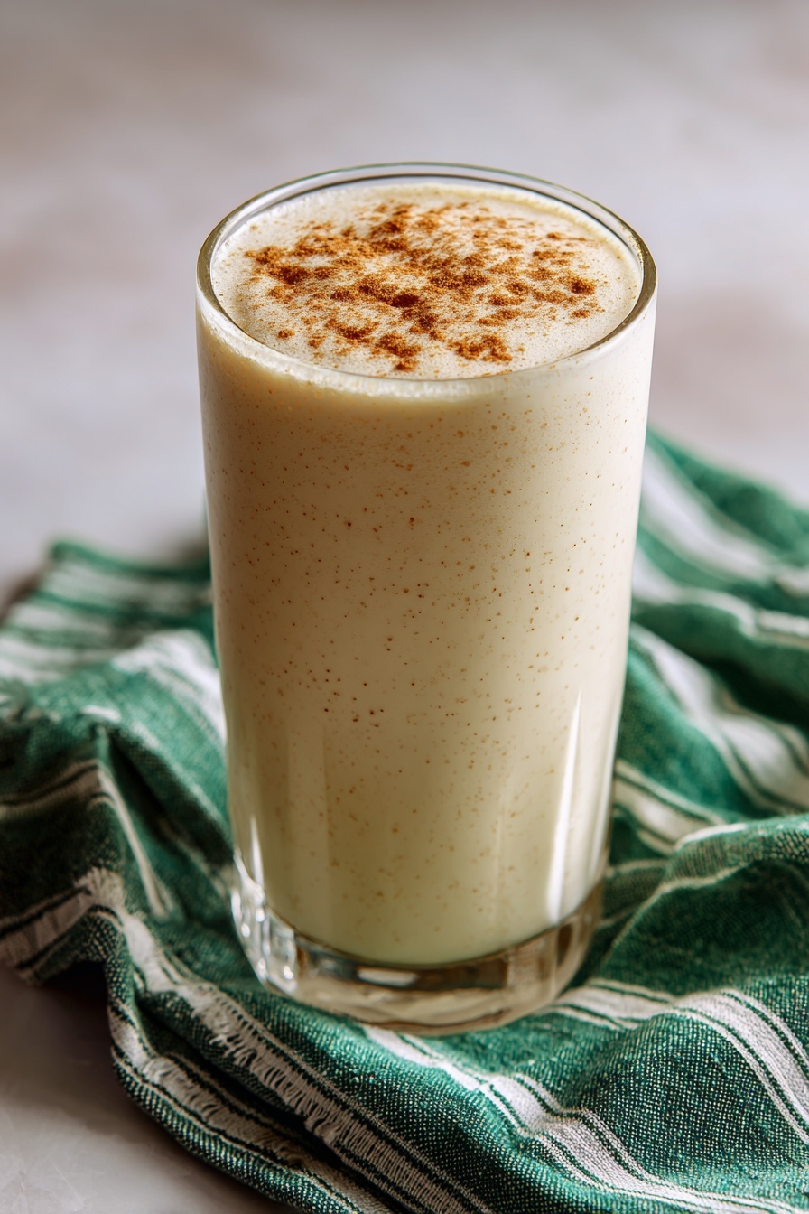 Vanilla Chai Protein Shake, chai protein shake, healthy protein smoothie, quick breakfast shake, warming spice protein drink - A tall clear glass filled with a creamy, light beige drink that has small specks mixed throughout, showing a smooth and thick texture. The top of the drink is sprinkled evenly with a light brown powder. The glass sits on a green and white striped cloth on a white marbled surface. The background is soft and out of focus with light creamy tones. photo taken with an iphone --ar 2:3 --v 7