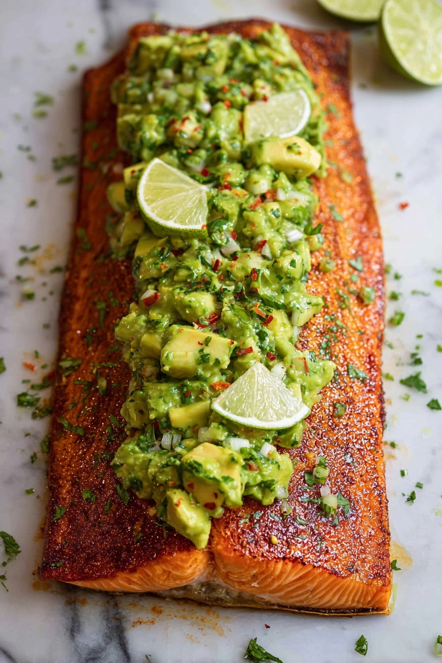 Spiced Salmon with Creamy Avocado Salsa, flavorful salmon dinner, healthy salmon recipes, quick salmon meals, easy avocado salsa recipe - A large, flat piece of cooked fish with a reddish-brown seasoning crust covers the entire top surface, showing a single long vertical line in the center. The fish is lying on a white marbled surface with some seasoning scattered around it on the left side. The edges around the fish are slightly darker, giving a roasted look. photo taken with an iphone --ar 2:3 --v 7