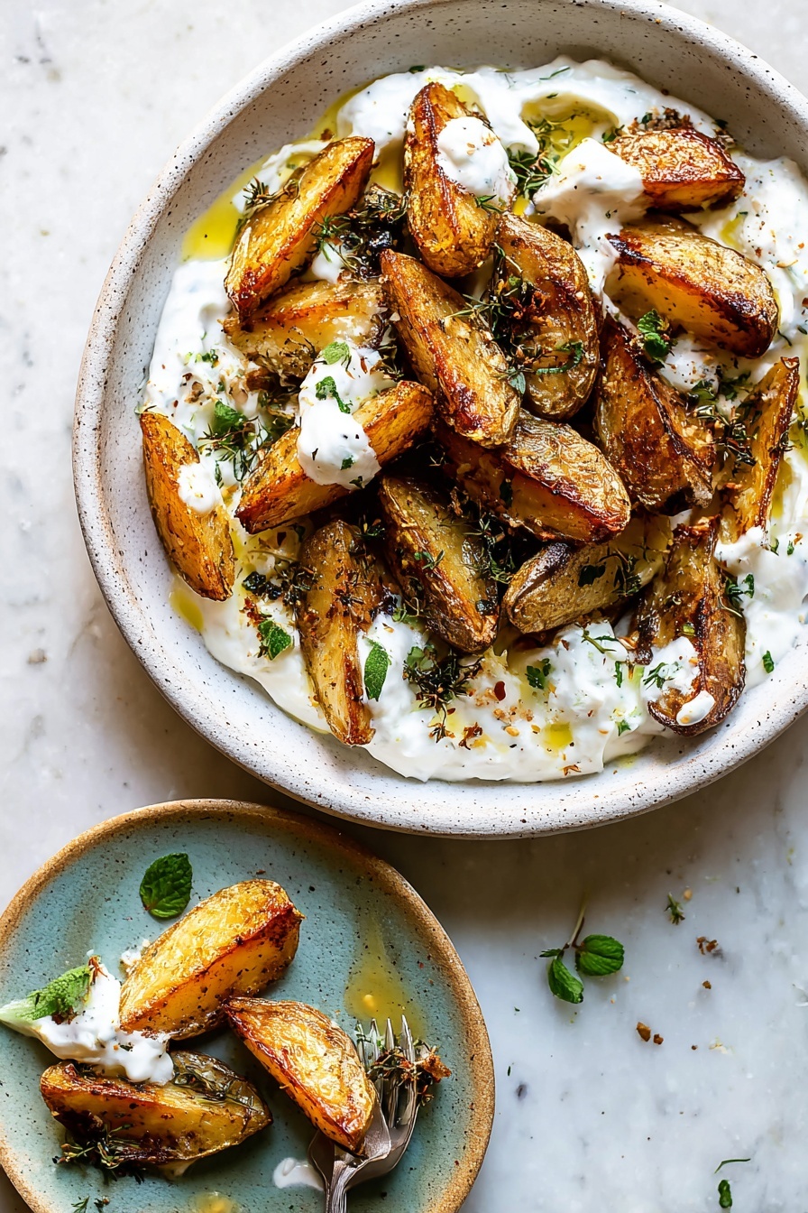 Crispy Oregano Roasted Potatoes with Feta Sauce, roasted potato recipes, crispy potato side dish, feta sauce recipes, cheesy roasted potatoes - A white plate with a smooth layer of creamy white yogurt spread all over the base, swirled to create soft waves. On top, there are golden-brown roasted potato wedges scattered mainly on one side. The potatoes have a crispy, slightly charred texture with bits of green herbs sprinkled evenly. Small dollops of creamy sauce sit on some potato pieces. Bright green herb leaves and tiny chopped herbs are scattered over the yogurt and potatoes, along with small pools of golden olive oil and a light dusting of reddish spices. A few fresh herb sprigs are placed on the yogurt for decoration. The plate sits on a white marbled surface. Photo taken with an iphone --ar 2:3 --v 7