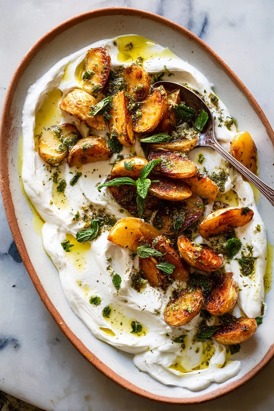 Crispy Oregano Roasted Potatoes with Feta Sauce, roasted potato recipes, crispy potato side dish, feta sauce recipes, cheesy roasted potatoes - The image shows two white plates of roasted potato wedges on a white marbled surface. The larger plate is filled with golden brown potato wedges that have a crispy texture and are spread over a base layer of creamy white sauce. The potato wedges are scattered with small green herbs and drizzled with an oil-based herb dressing. Small dollops of white sauce are placed on top of some wedges, and a few tiny green leaves add color contrast. On the smaller plate, a few potato wedges rest on a similar white sauce layer, with a silver fork holding one wedge. The scene is bright and natural, capturing the textures of the potatoes and sauce clearly. photo taken with an iphone --ar 2:3 --v 7