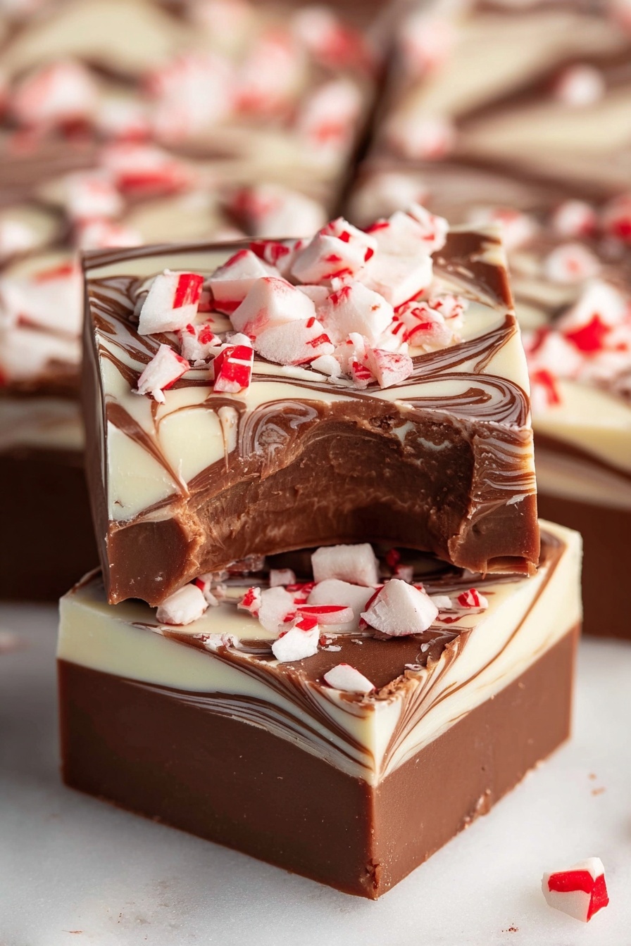 Peppermint Swirl Chocolate Fudge, peppermint fudge recipe, holiday chocolate fudge, mint chocolate fudge, easy peppermint fudge - The image shows thick square pieces of fudge with three visible layers: a bottom white layer, a middle layer with swirled white and milk chocolate, and a smooth milk chocolate top layer. Each piece is topped with large broken peppermint candy pieces in white and red, scattered unevenly, giving a crunchy texture. The fudge’s edges are clean with the swirls creating a marbled effect on all sides. The background and base have a white marbled texture. The top piece has a bite taken out of it, revealing the creamy inside photo taken with an iphone --ar 2:3 --v 7