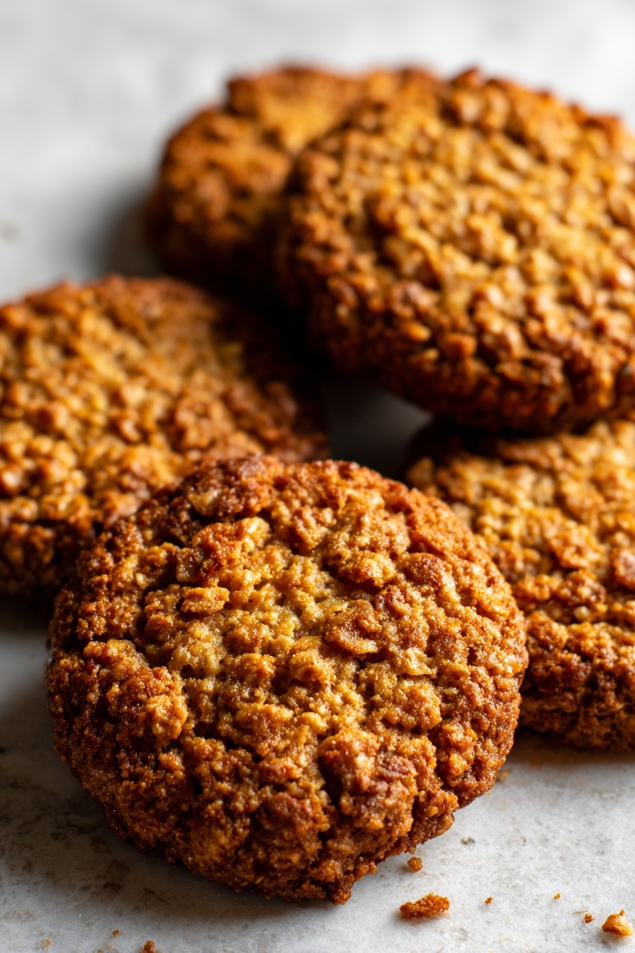 Healthy Gingerbread Oatmeal Cookies, Healthy Gingerbread Cookies, Gingerbread Spiced Oatmeal Cookies, Low-Sugar Gingerbread Cookies, Whole Grain Gingerbread Cookies - A close-up of five round, textured oatmeal cookies with a dark golden brown color, slightly rough surface showing oat pieces, arranged loosely on a white marbled tray, with some crumbs scattered around. The front cookie is in sharp focus, and the others gently blur into the background, creating depth. Photo taken with an iphone --ar 2:3 --v 7
