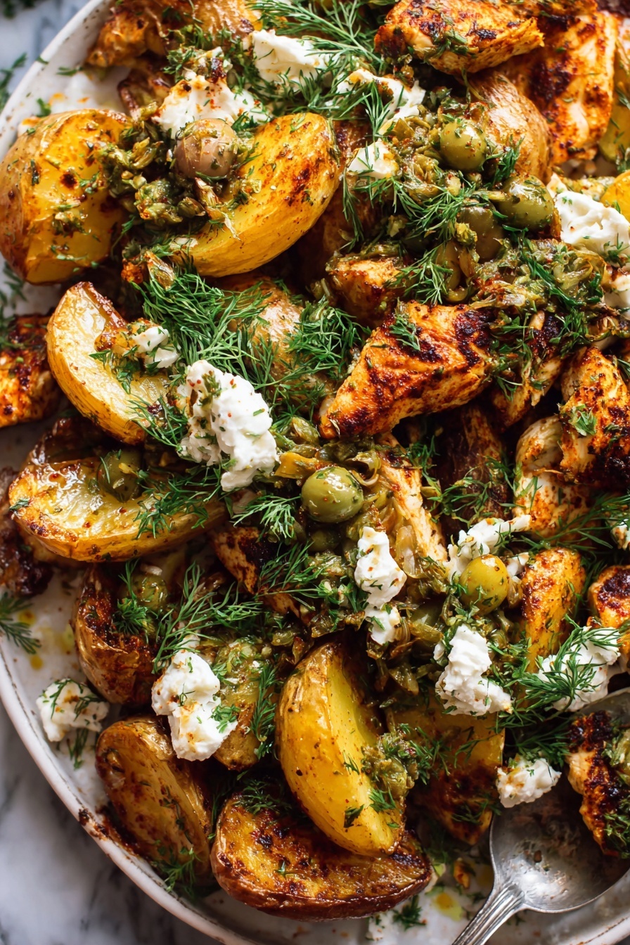 Sheet Pan Greek Chicken and Potatoes, Greek Chicken and Potatoes, Easy Greek Chicken Dinner, One-Pan Greek Chicken, Greek Roasted Chicken and Potatoes - The dish is shown on a dark baking tray filled with three cooked chicken pieces with a brown, charred texture on top. Around the chicken are golden roasted potato halves with a soft and slightly crisp look. Scattered among them are white chunks of soft cheese and green olives, all topped with small pieces of chopped green herbs and garlic. Bright green sprigs of dill add a fresh touch across the dish. A silver spoon rests inside the tray, holding some of the olives and herbs. Underneath, a small white plate has some cheese and olive mixture on it, all set against a white marbled background. photo taken with an iphone --ar 2:3 --v 7