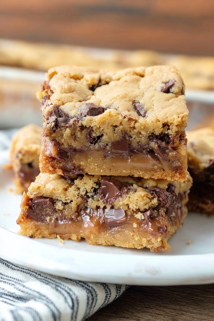 Better Than Anything Chocolate Caramel Bars, chocolate caramel bars, homemade caramel bars, peanut butter chocolate dessert, easy chocolate caramel recipe - The image shows a close-up of a square dessert bar with three visible layers. The top layer is a light golden, slightly crumbly cookie dough texture. The middle layer is thick, creamy, and caramel-colored, with a smooth texture that looks slightly melted. The bottom layer is a dense, rich chocolate base with a mix of lighter and darker brown shades, showing a fudgy consistency. The bar is being lifted on a metal spatula above a white plate on a wooden surface with a red and white striped cloth partially visible. The background is a white marbled texture. photo taken with an iphone --ar 2:3 --v 7