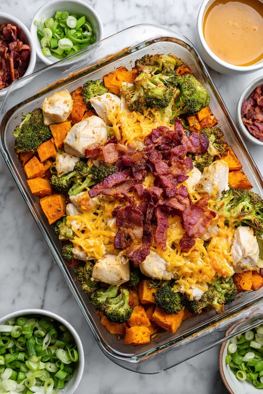 Buffalo Chicken Sweet Potato Casserole, spicy chicken sweet potato bake, healthy buffalo chicken casserole, easy sweet potato casserole, baked buffalo chicken dinner - This image shows a glass baking dish filled with a layered casserole. The bottom layer is a mix of roasted broccoli and sweet potato chunks with a slightly crisp texture and green and orange colors. On top of this, there are slices of cooked chicken pieces with a light brown color, scattered with reddish-brown bacon pieces. Melted cheddar cheese sheets with a rich orange color cover the chicken and vegetables, adding a smooth texture. There are dollops of white sauce spread over the dish, with small bits of crumbly white cheese and sliced green onions sprinkled on top, adding contrast and freshness. The dish is placed on a white marbled surface with a silver spatula partially inside the baking dish. Photo taken with an iphone --ar 2:3 --v 7