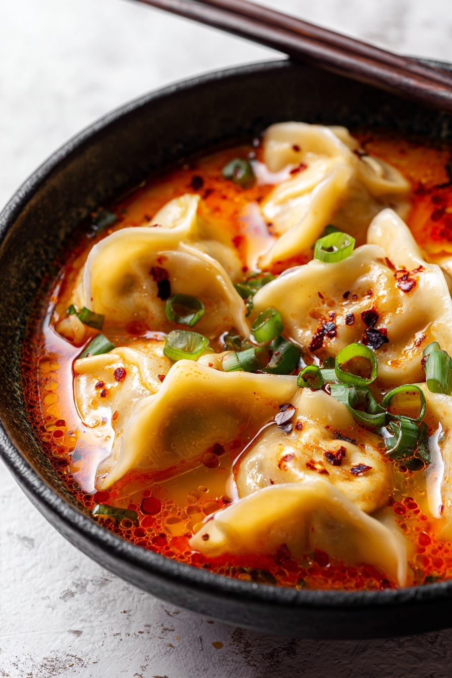 Vegan Coconut Curry Soup with Dumplings, vegan Thai curry soup, coconut curry soup recipe, vegan dumpling soup, plant-based coconut curry - A close-up of six dumplings in a bowl filled with spicy orange-red broth, garnished with green sliced scallions and some red chili flakes sprinkled on top. The dumplings have a soft, pale yellow dough with a smooth texture and slightly folded edges. The bowl is black and round, sitting on a white marbled surface, and a pair of dark brown chopsticks rests on the bowl's edge, pointing diagonally away. The broth has little oil droplets and floating herbs giving it a rich texture and warm appearance photo taken with an iphone --ar 2:3 --v 7