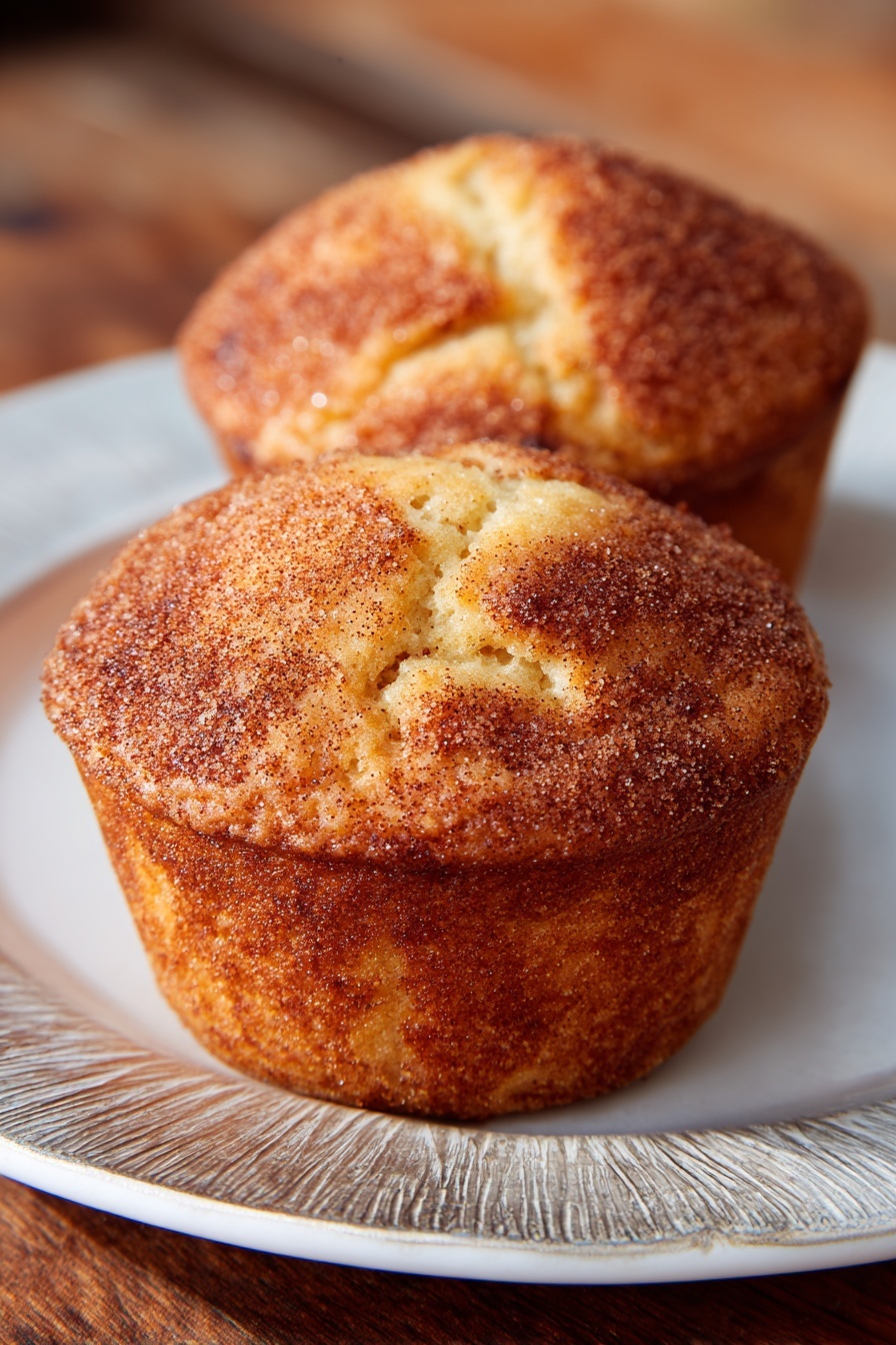 Healthy Apple Cinnamon Greek Yogurt Muffins, apple cinnamon muffin recipe, healthy breakfast muffins, Greek yogurt muffin ideas, quick nutritious muffins - Two muffins sit on a white plate with a shiny silver textured rim. The muffins have a golden brown top sprinkled with cinnamon sugar that gives a slightly rough and crumbly texture. The muffins are thick and rounded with light spots showing the soft inside. The background shows a blurry wooden surface, but the main view is focused on the muffins and the plate. photo taken with an iphone --ar 2:3 --v 7