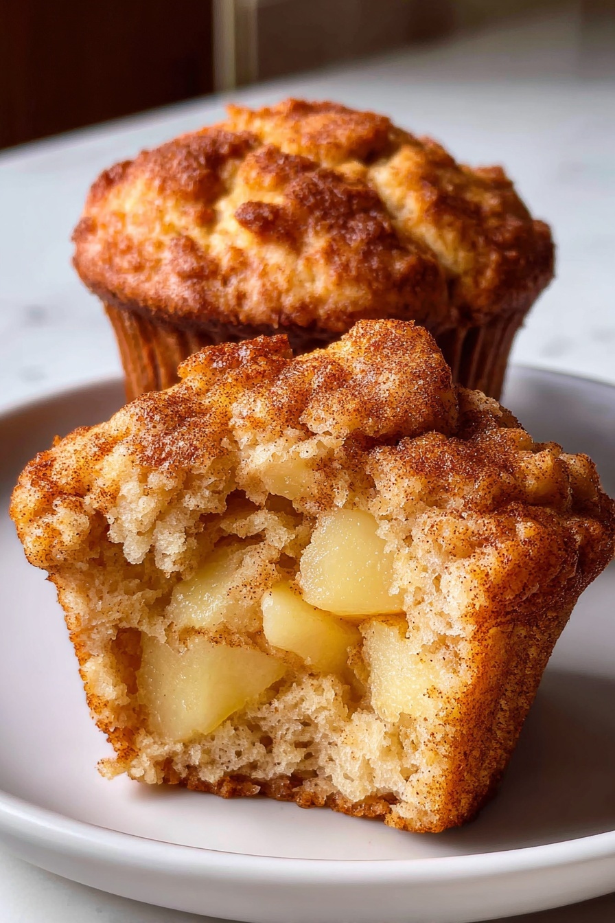 Healthy Apple Cinnamon Greek Yogurt Muffins, apple cinnamon muffin recipe, healthy breakfast muffins, Greek yogurt muffin ideas, quick nutritious muffins - The image shows a close-up of a muffin that has been split into two halves, placed on a white plate with a blue patterned rim. The muffin has a crumbly golden-brown top with a light dusting of cinnamon or sugar. Inside, there are many small, soft chunks of red-skinned apple mixed throughout the light, fluffy, and slightly moist beige cake. The muffin sits on a white marbled surface with a soft background blur, creating a warm and inviting look. photo taken with an iphone --ar 2:3 --v 7