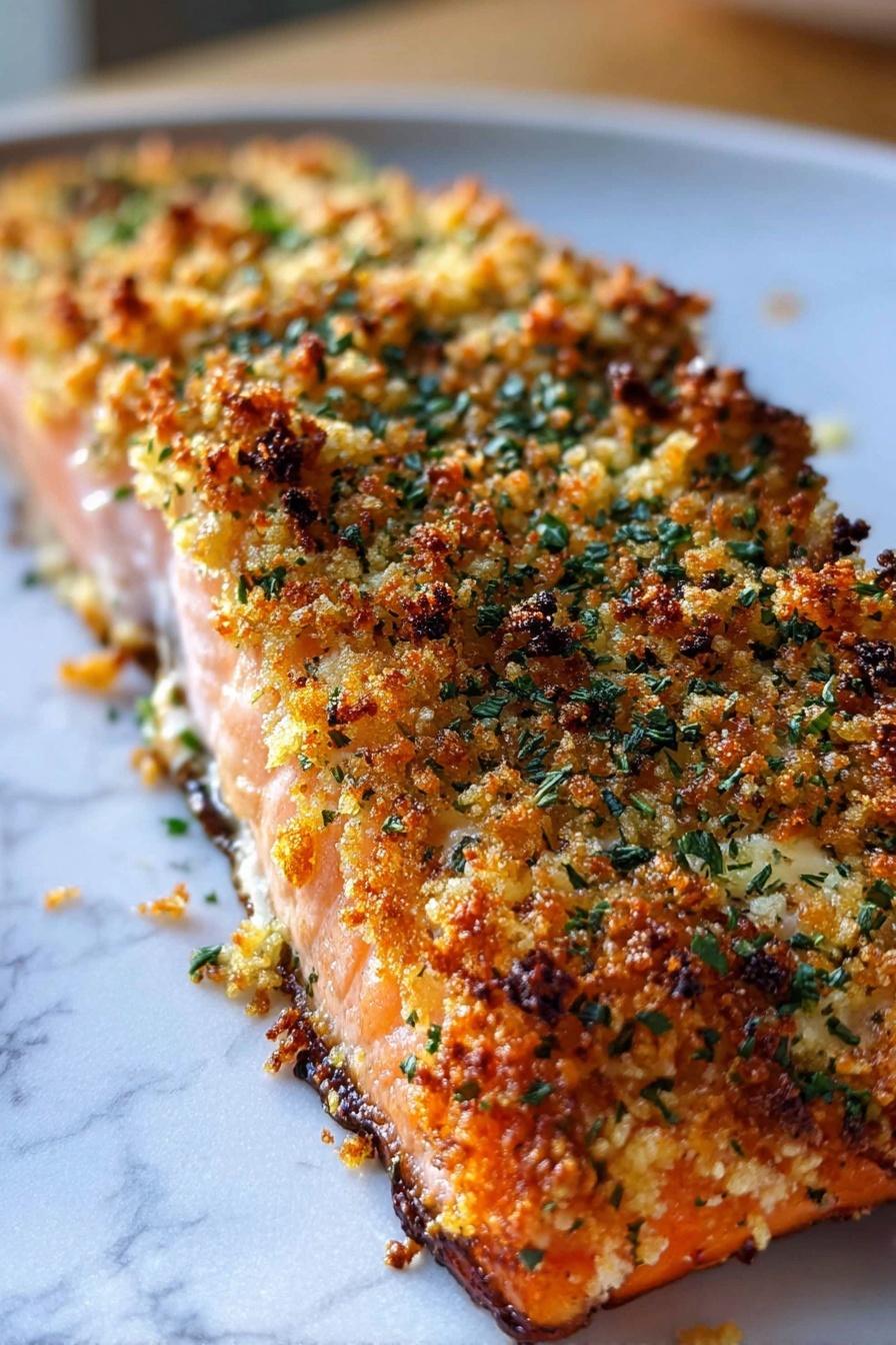 Crispy Parmesan Baked Salmon, baked salmon with cheese crust, easy salmon dinner, healthy salmon recipe, cheesy baked salmon - A close-up of one piece of salmon with a thick crunchy topping that is golden brown and slightly burnt on the edges, with visible dried green herbs sprinkled all over. The salmon underneath is light pink with a smooth texture. The salmon is placed on a white plate with a white marbled surface visible in the background. The photo is taken in natural light showing clear and sharp details. photo taken with an iphone --ar 2:3 --v 7