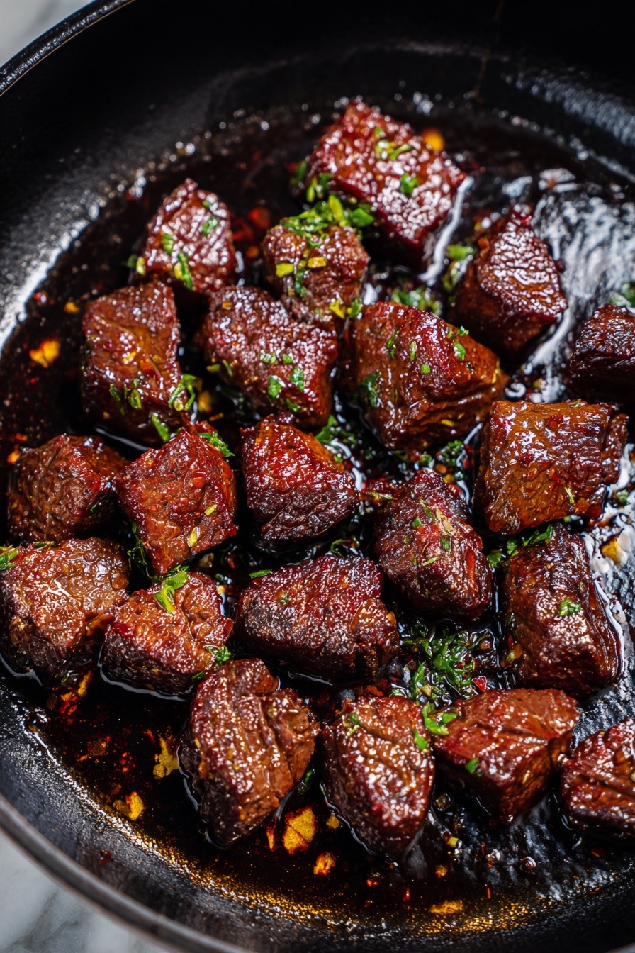 Pineapple Chicken with Coconut Rice, tropical chicken and rice recipe, quick pineapple chicken dinner, easy coconut rice recipe, healthy pineapple chicken dish - Chunks of dark brown cooked meat are scattered unevenly inside a black metal pan with some shiny sauce coating the surface. The meat pieces are glossy, textured with grill marks and sprinkled with small bits of green herbs. The pan shows some light oil stains and the background is a white marbled texture. Photo taken with an iphone --ar 2:3 --v 7