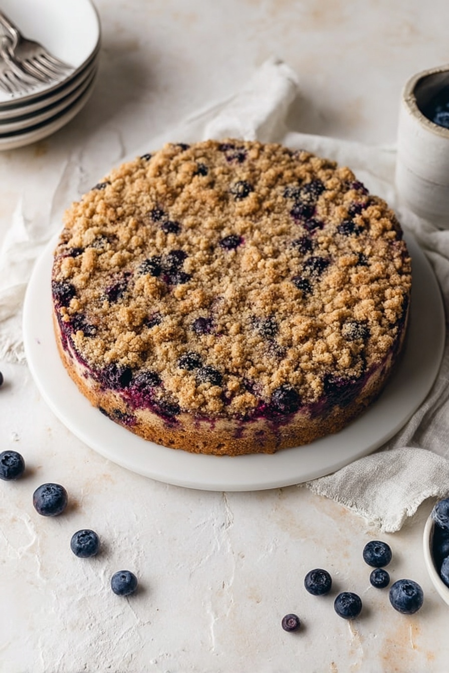 Blueberry Cheesecake with Crumble, blueberry cheesecake, fruit cheesecake, no-bake cheesecake, easy blueberry dessert - A round cake with a thick crumbly topping that looks golden brown and textured, dotted with dark purple and red spots of berries visible beneath the topping. The cake is placed on a white plate resting on a white marbled surface. Around the cake are scattered fresh blueberries, a white cloth, and a small stack of white plates with two forks on top, adding to the cozy setting. photo taken with an iphone --ar 2:3 --v 7