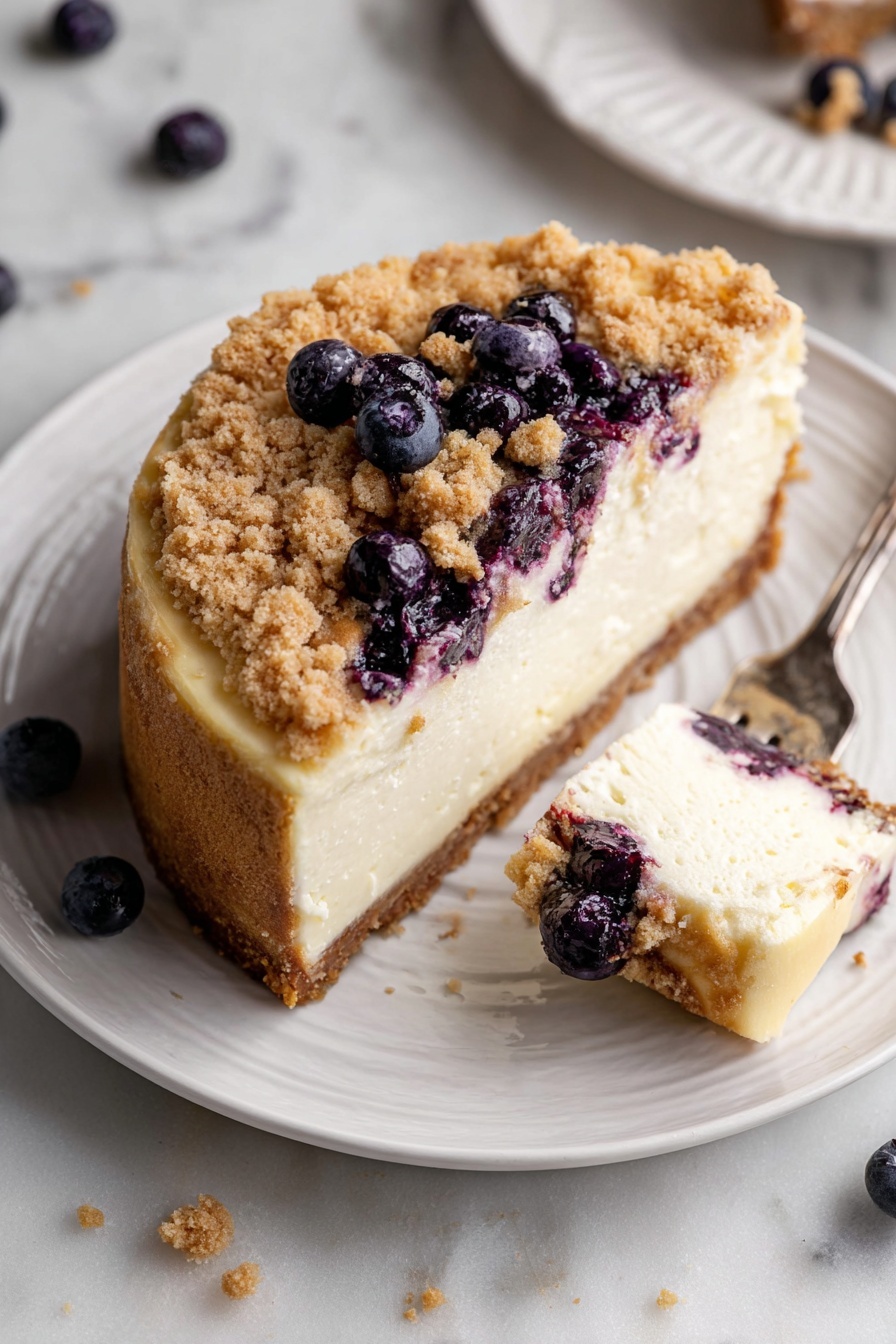 Blueberry Cheesecake with Crumble, blueberry cheesecake, fruit cheesecake, no-bake cheesecake, easy blueberry dessert - A round cheesecake with three visible layers: the bottom layer is a thick, light brown crust, the middle layer is thick and creamy white cheesecake, and the top layer is a crumbly golden brown streusel with dark purple berries mixed throughout. One slice has been removed, showing the smooth texture of the cheesecake and the scattered blueberries just under the streusel top. The cake is placed on a white plate on a white marble surface, with a few blueberries around and a woman's hand holding a piece in the background. Photo taken with an iphone --ar 2:3 --v 7