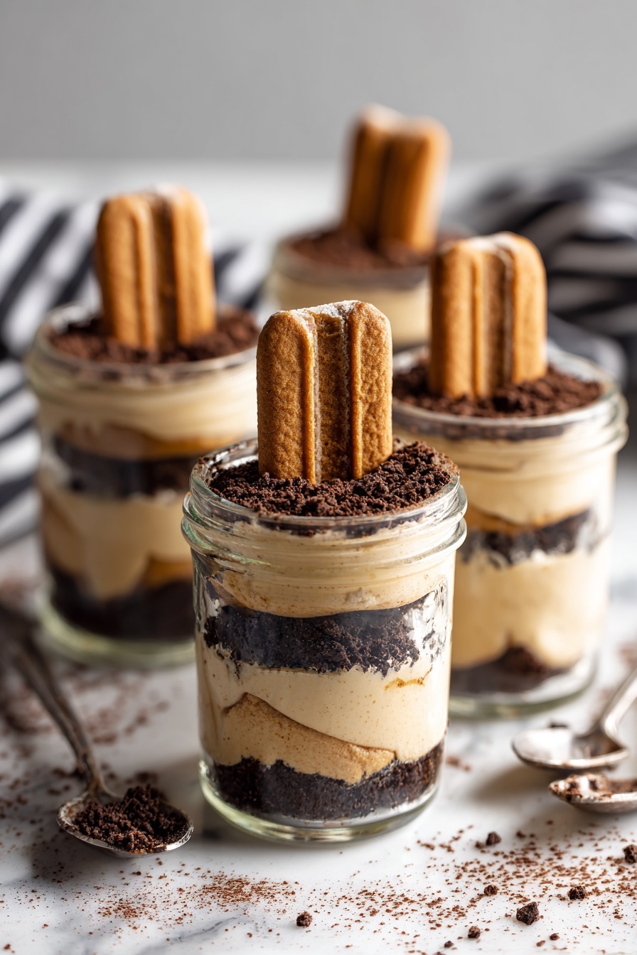 Biscoff Tiramisu, Biscoff dessert, no-bake tiramisu, cookie butter tiramisu, easy tiramisu recipes - Four small clear glass jars are filled with a dessert showing three layers of light tan creamy filling alternating with two thin layers of crushed dark brown crumbs. On top of each jar is a dusting of dark cocoa powder and a light brown rectangular biscuit placed vertically, slightly tilted. The jars sit on a white marbled surface with some parts of a black and white striped cloth visible in the background. Photo taken with an iphone --ar 2:3 --v 7
