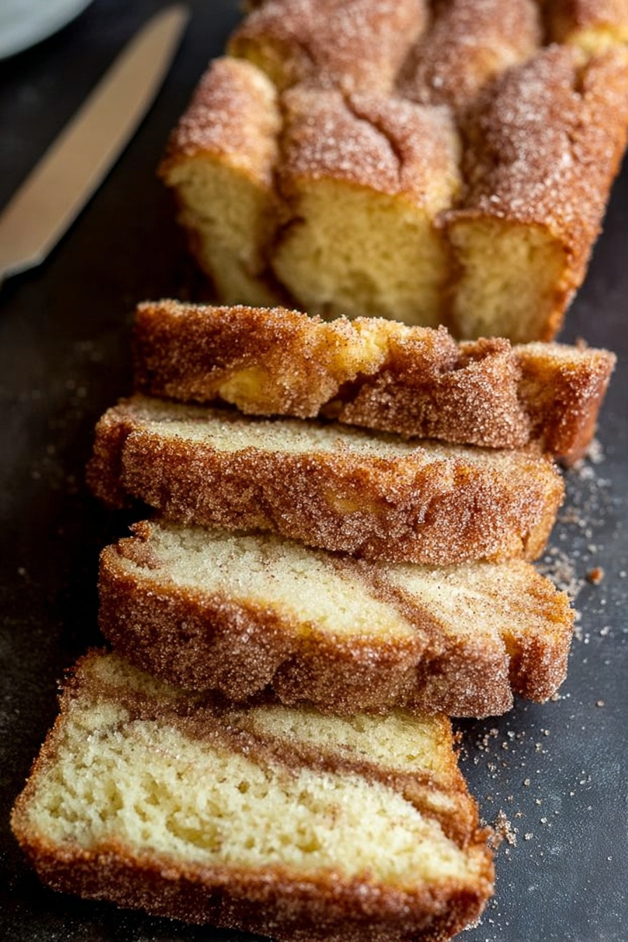 Cinnamon Sugar Donut Bread, cinnamon donut loaf, sweet bread with cinnamon and sugar, homemade donut bread, easy cinnamon bread recipe - The image shows a loaf of cinnamon sugar quick bread with several slices cut and stacked. The bread has a golden brown crust coated with coarse sugar, giving it a sparkly, textured top layer. Inside, the bread is light yellow with a soft and moist texture, and a thin swirl of cinnamon runs through the middle of each slice. The loaf rests on a dark surface with a knife in the background. photo taken with an iphone --ar 2:3 --v 7