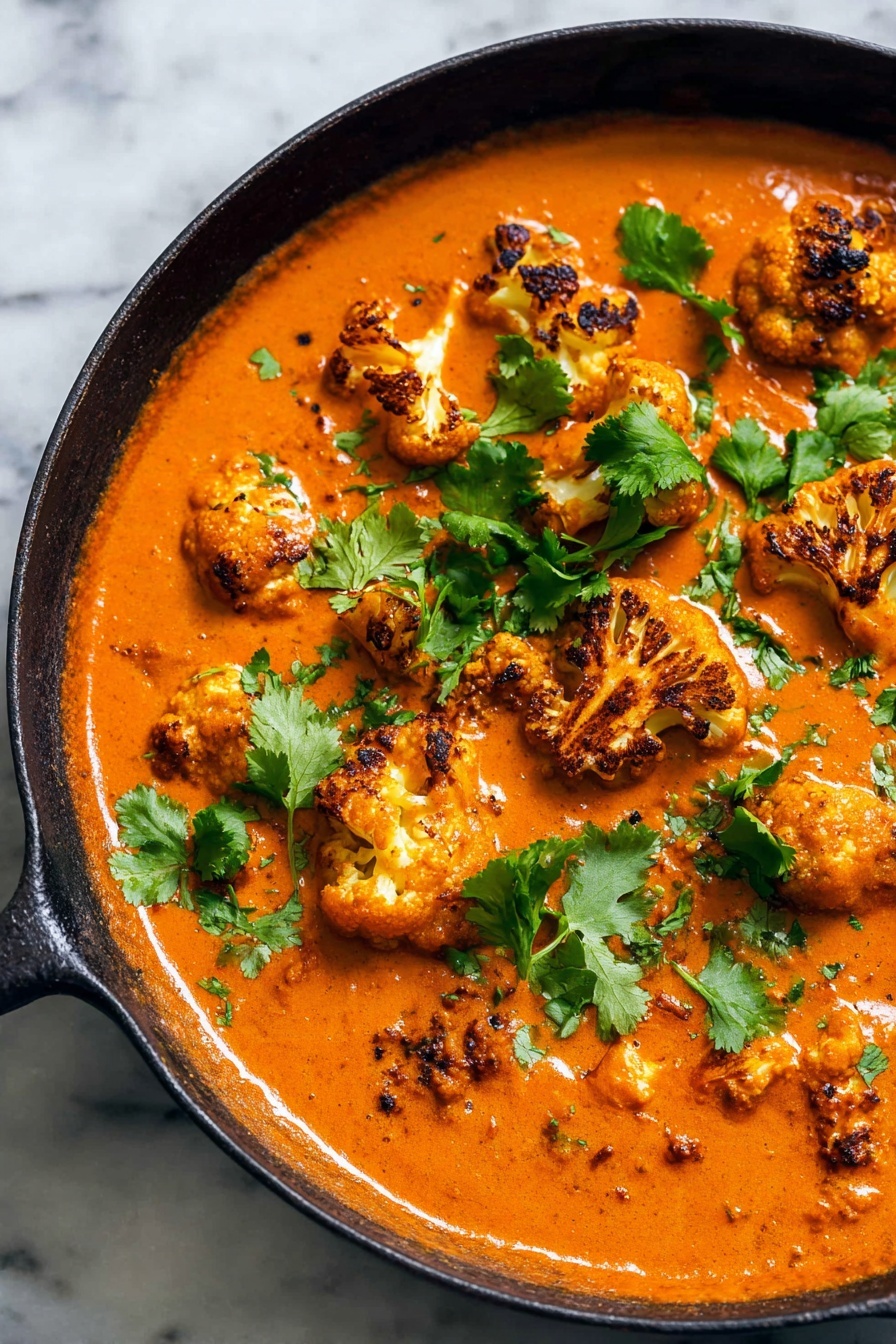 Creamy Butter Cauliflower Curry, flavorful vegetable curry, easy cauliflower curry recipe, vegetarian curry with butter, quick Indian-inspired curry - A close-up view of a black cast iron pan filled with thick, smooth orange-red curry sauce as the base layer, with several golden-brown roasted cauliflower florets partially submerged in the sauce, their charred edges adding texture and depth; fresh bright green cilantro leaves are scattered on top across the dish, adding a pop of color and freshness. The pan is placed on a white marbled textured surface. Photo taken with an iphone --ar 2:3 --v 7