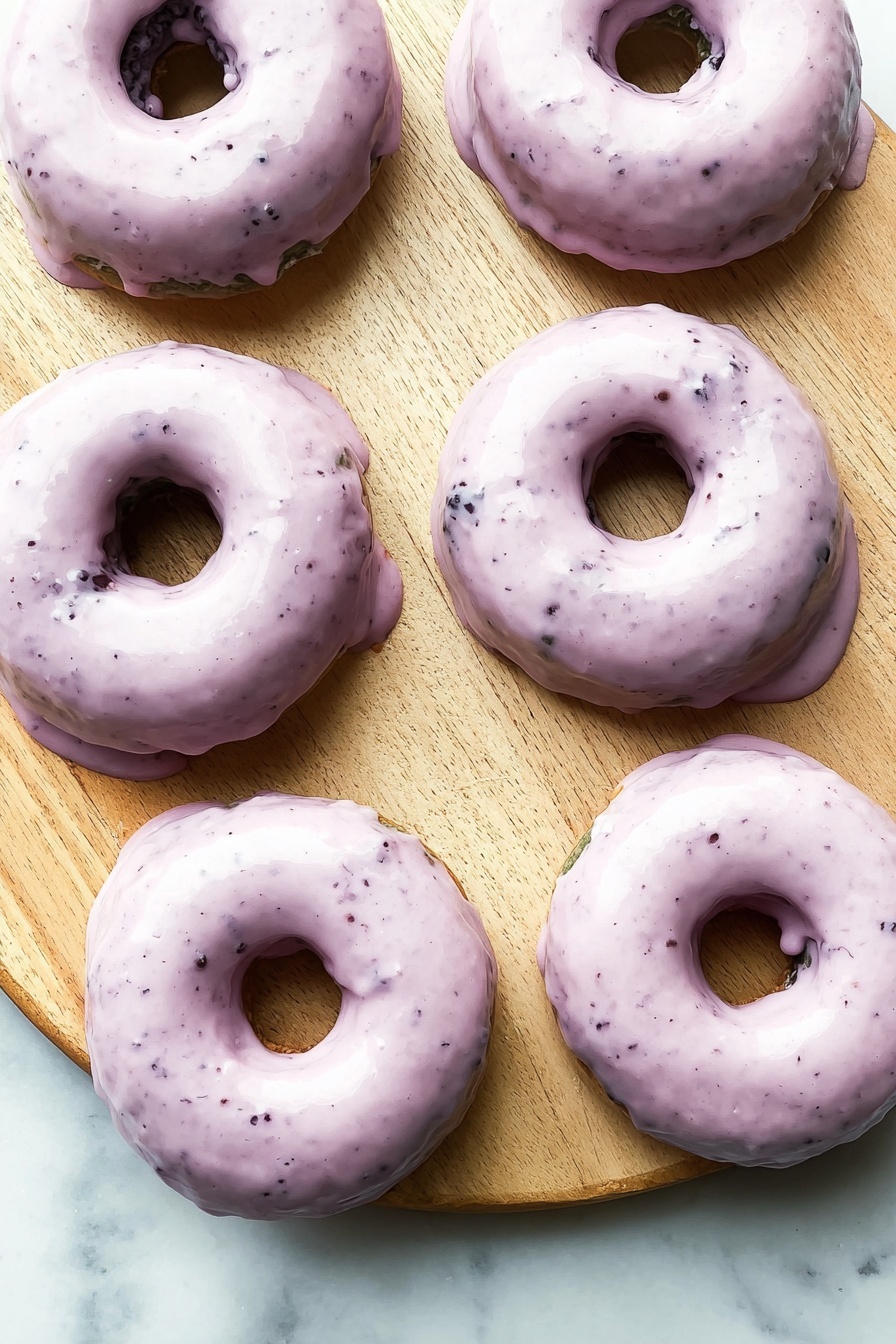 Wild Blueberry Cake Donuts, blueberry baked donuts, wild blueberry dessert, easy blueberry donut recipe, blueberry glaze donuts - The image shows five small donuts with light greenish-gray dough and smooth light purple glaze on top. Four donuts are whole and one is in the center where a woman's hand with a silver spoon is spreading the purple glaze over it. The donuts sit on a black cooling rack placed on a white marbled surface. The lighting is soft and natural, making the colors clear. Photo taken with an iphone --ar 2:3 --v 7