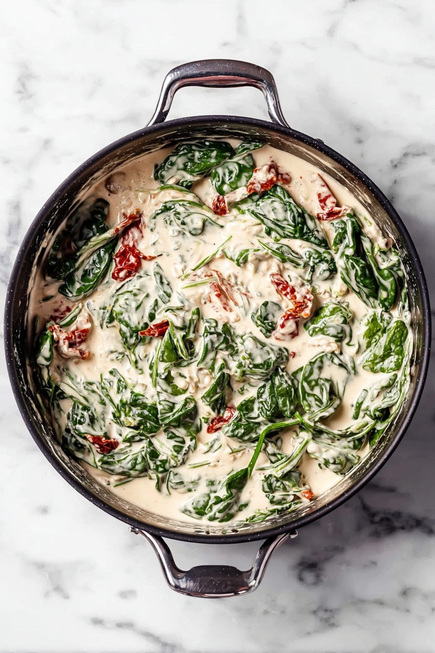 Tuscan Chicken with Spaghetti Squash, healthy Tuscan chicken recipes, low-carb chicken dinner, Italian chicken with spaghetti squash, easy Tuscan chicken meal - A round black pan with silver handles sits on a white marbled surface, filled with a creamy spinach dish. The bottom layer is fresh green spinach leaves, some whole and some slightly folded. Mixed and spread evenly is a thick, pale cream sauce with small chunks of soft red sun-dried tomatoes, adding spots of color throughout. The sauce coats every leaf, giving a smooth, rich texture with some fresh spinach veins visible under the cream. The pan handles are shiny, reflecting a bit of light. Photo taken with an iphone --ar 2:3 --v 7