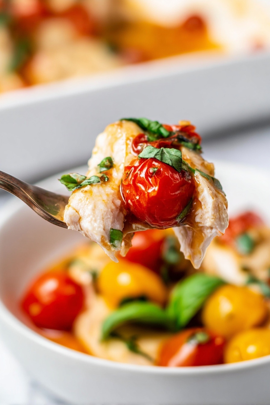 Chicken Caprese Skillet, Caprese Chicken Dinner, Easy Chicken Skillet Recipe, Summer Chicken Recipes, One-Pan Chicken Meal - The image shows two white dishes with a chicken meal. Each dish has a layer of cooked chicken topped with melted white cheese with light brown spots. The chicken sits on a bed of cooked cherry tomatoes in red and yellow, mixed with a few green basil leaves and some sauce that looks shiny and brown. The larger plate has three chicken pieces with cheese on top, garnished with three fresh green basil leaves in the center. The smaller bowl has one chicken piece with cheese, surrounded by cooked cherry tomatoes and some green basil leaves. The scene is set on a white marbled surface with a black and white striped cloth near the bowl and some fresh cherry tomatoes with green stems to the side. photo taken with an iphone --ar 2:3 --v 7