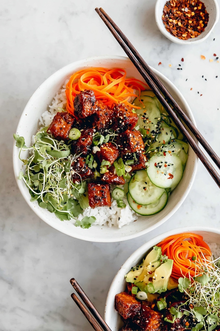 Crispy Gochujang Korean Tofu, Korean tofu with gochujang, spicy Korean tofu, vegan crispy tofu, easy Korean tofu recipe - Two white bowls sit on a white marbled surface, each filled with a colorful layered dish. The base layer is white rice topped with bright orange carrot ribbons on one side and thin, light green cucumber slices on the other. Cubes of crispy, dark reddish-brown tofu are piled in the center, sprinkled with black and white sesame seeds. Small green avocado chunks and microgreens add fresh touches, scattered over the top along with a few green scallion slices. A pair of dark brown chopsticks rests on the rim of the top bowl. In the background, a small white bowl holds crushed red pepper flakes. Photo taken with an iphone --ar 2:3 --v 7