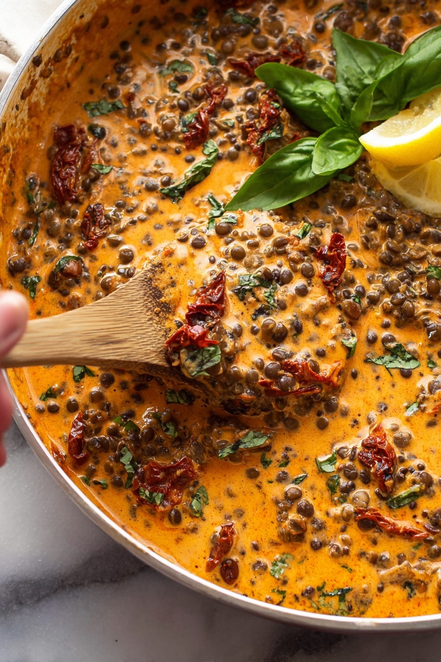 Creamy Lentil Pasta with Sun-Dried Tomatoes, Lentil Pasta with Sun-Dried Tomatoes, Plant-Based Lentil Pasta Recipe, Creamy Vegan Pasta, Easy Lentil Pasta dinner - The image shows a close-up view of a creamy lentil dish with black lentils in a thick orange sauce, scattered throughout with pieces of sun-dried tomatoes adding red bursts. There are visible green herbs mixed in and fresh green basil leaves placed on the top for garnish. A wooden spoon is stirring the mixture, partly covered by the sauce, and a lemon wedge rests at the upper right corner. The background is a white marbled texture. photo taken with an iphone --ar 2:3 --v 7