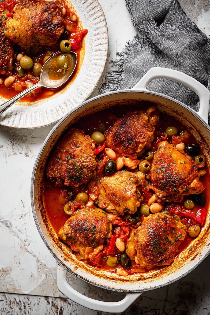 Spanish Chicken in Bravas Sauce, Spanish Chicken with Bravas Sauce, flavorful Spanish chicken dish, spicy chicken dinner, easy Spanish chicken recipe - A white pot filled with six pieces of browned chicken thighs in a thick red tomato sauce with white beans, green and black olives, and slices of red bell pepper scattered throughout. The chicken pieces have a crispy brown textured skin, sitting immersed in the sauce full of small herbs and vegetables. Next to the pot, on a white plate, are two chicken thighs with some sauce, beans, and olives on top, with a silver spoon resting on the plate partially covered in sauce and a green olive. The pot sits on a weathered rustic surface, with a gray cloth to the side, all placed on a white marbled texture background. Photo taken with an iphone --ar 2:3 --v 7