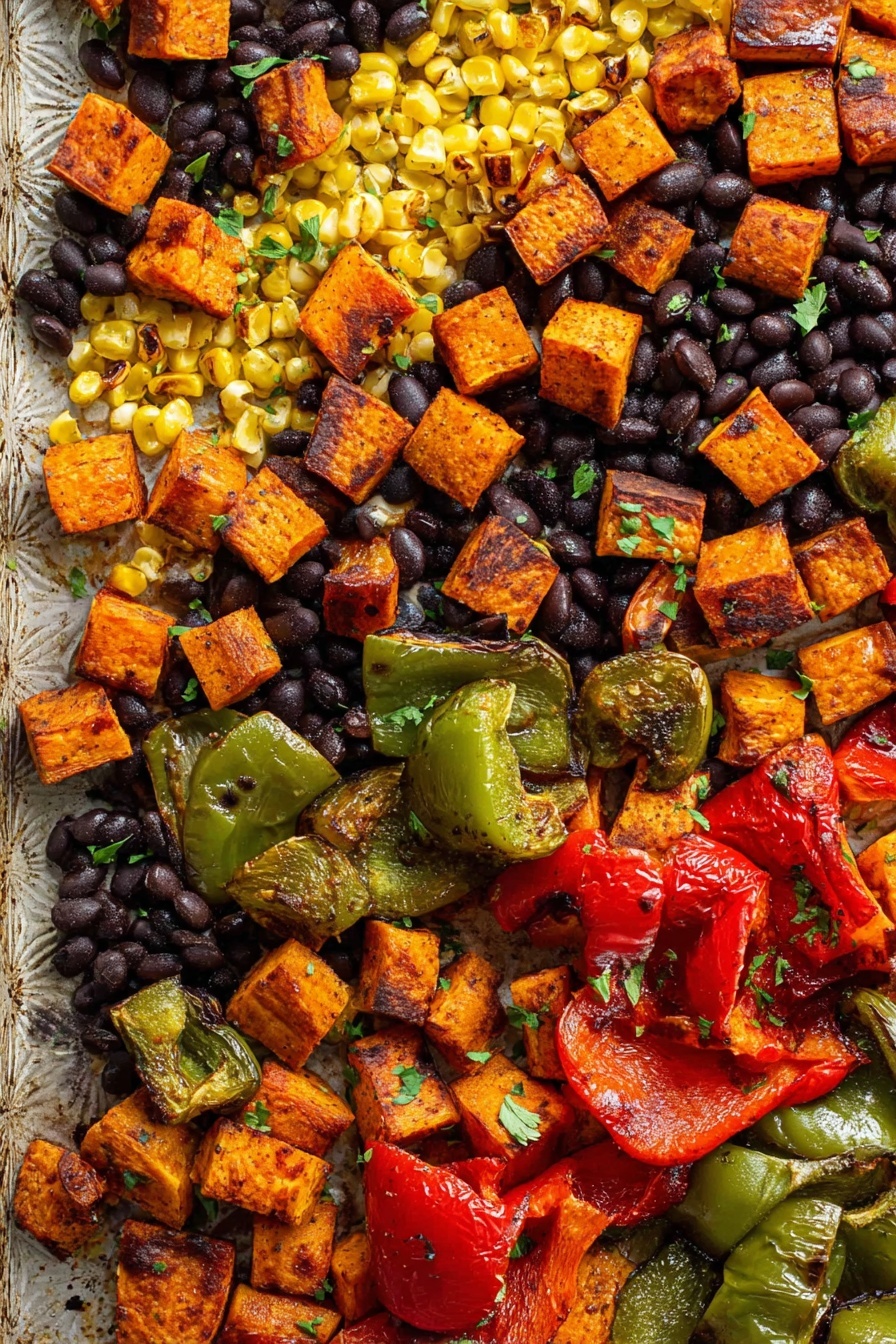 Black Bean Sweet Potato Tacos, Healthy Vegetarian Tacos, Easy Vegan Taco Recipes, Plant-Based Dinner Ideas, Flavorful Taco Recipes - The image shows a colorful mix of roasted vegetables spread out on a baking sheet with a white marbled texture underneath. The dish has three main layers: the first layer is bright yellow corn kernels scattered across the whole surface; the second layer is black beans that fill the spaces between the other vegetables; the third layer features large chunks of roasted sweet potatoes in shades of orange with some charred edges, roasted green bell peppers with shiny skin and some grill marks, and red bell peppers with wrinkled texture and caramelized spots. Tiny green herbs are sprinkled lightly on top for extra color. Photo taken with an iphone --ar 2:3 --v 7