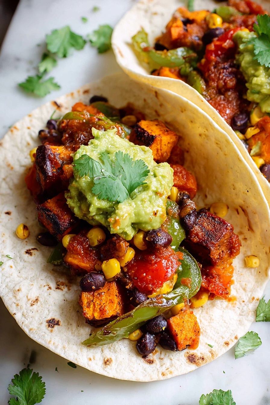 Black Bean Sweet Potato Tacos, Healthy Vegetarian Tacos, Easy Vegan Taco Recipes, Plant-Based Dinner Ideas, Flavorful Taco Recipes - Three soft tortillas are open and filled with colorful layers starting with a base of black beans and grilled sweet corn kernels, followed by roasted orange sweet potato cubes and grilled red and green bell pepper slices; each tortilla is topped with a scoop of bright green mashed avocado and fresh green cilantro leaves, all placed close together on a white marbled surface with a small brown bowl of red salsa visible in the corner photo taken with an iphone --ar 2:3 --v 7