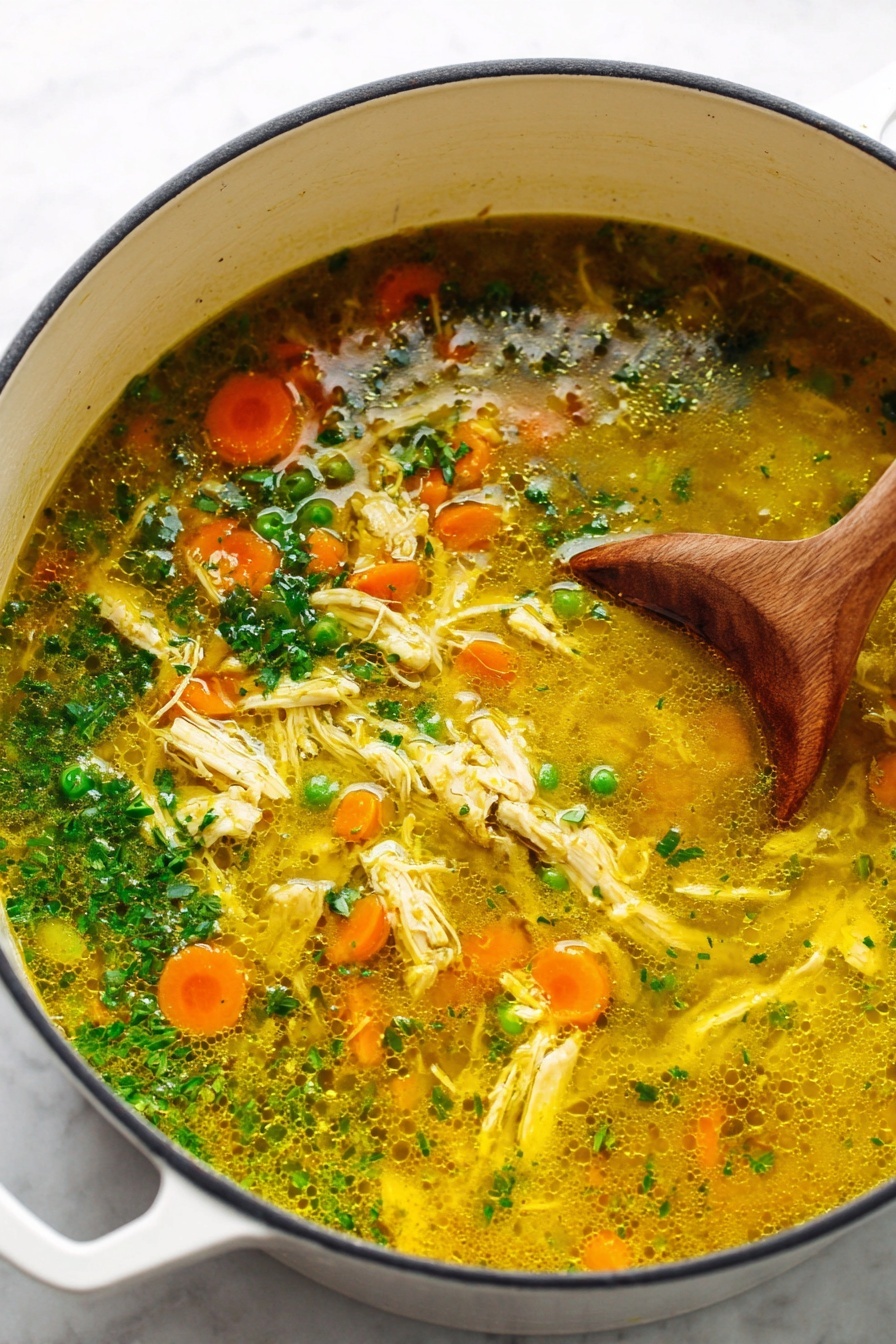 Turmeric Chicken Soup with Coconut Milk, healthy turmeric chicken soup, nourishing coconut milk soup, comforting spicy chicken soup, easy turmeric soup recipe - A close-up image of a white pot filled with a golden-yellow soup containing shredded chicken pieces, orange carrot slices, green peas, and bits of finely chopped green herbs floating on top; the soup has a slightly oily surface with a wooden spoon stirring it on the right side. The pot is placed on a white marbled surface. photo taken with an iphone --ar 2:3 --v 7