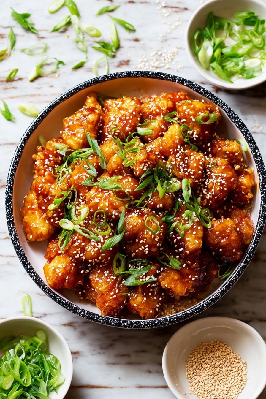 Paleo Sesame Chicken, healthy Paleo chicken recipes, Whole30 sesame chicken, gluten-free sesame chicken, easy Paleo chicken dinner - A bowl filled with many pieces of fried chicken coated in a shiny, sticky orange-brown sauce forms the main layer. The chicken pieces are crispy with a rough texture, and the sauce gives a glossy look. On top of the chicken, there are many small white sesame seeds sprinkled evenly and bright green chopped scallions scattered around. The bowl is white with a black speckled rim, sitting on a white marbled surface with some green scallions pieces and sesame seeds scattered around it. Nearby, there are two small white bowls, one with green scallions and the other with sesame seeds. Photo taken with an iphone --ar 2:3 --v 7