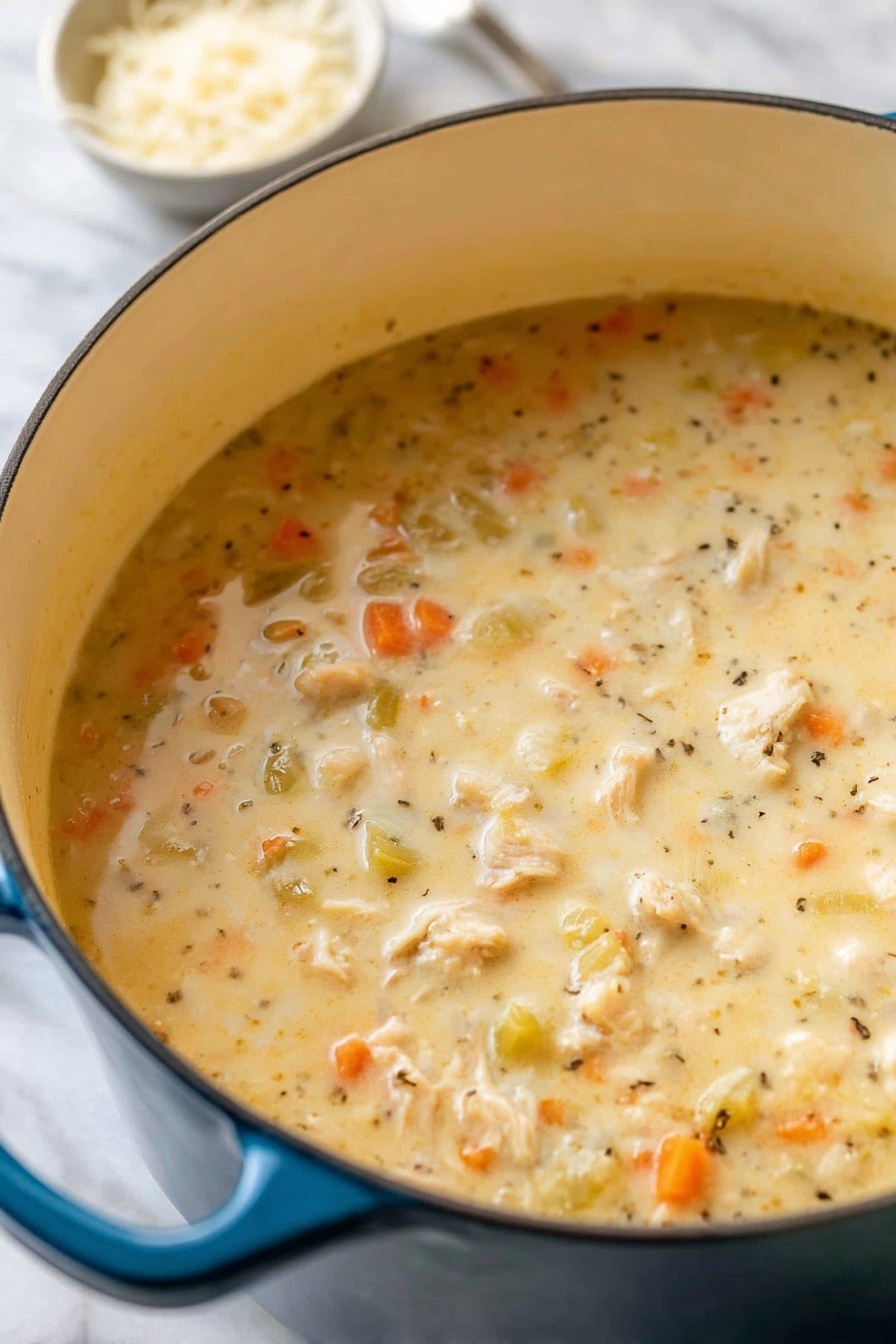 Creamy Chicken and Rice Soup, Chicken and Rice Soup, Comforting Chicken Soup, Easy Creamy Soup Recipes, Hearty Chicken and Rice Meal - A close-up view of a thick, creamy soup cooked in a white inside, blue outside large pot with two handles, showing a smooth, light yellow base with visible small chunks of orange carrots, pale green celery, and light beige chicken pieces scattered throughout. The soup has specks of black pepper and herbs evenly mixed in, giving it texture and depth. The pot is placed on a white marbled surface, with a small dish of grated cheese blurred in the background. photo taken with an iphone --ar 2:3 --v 7