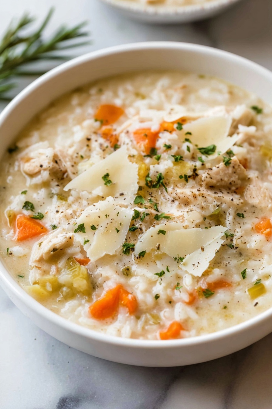 Creamy Chicken and Rice Soup, Chicken and Rice Soup, Comforting Chicken Soup, Easy Creamy Soup Recipes, Hearty Chicken and Rice Meal - Three white bowls filled with creamy chicken rice soup, placed on a white marbled surface. Each bowl shows a thick, light beige broth with chunks of cooked chicken, small orange carrot pieces, and soft rice grains. The soup is topped with green chopped parsley and thin shards of pale cheese. One bowl features a sprig of rosemary for garnish. The textures are creamy and smooth with bits of vegetables and meat distributed evenly. photo taken with an iphone --ar 2:3 --v 7