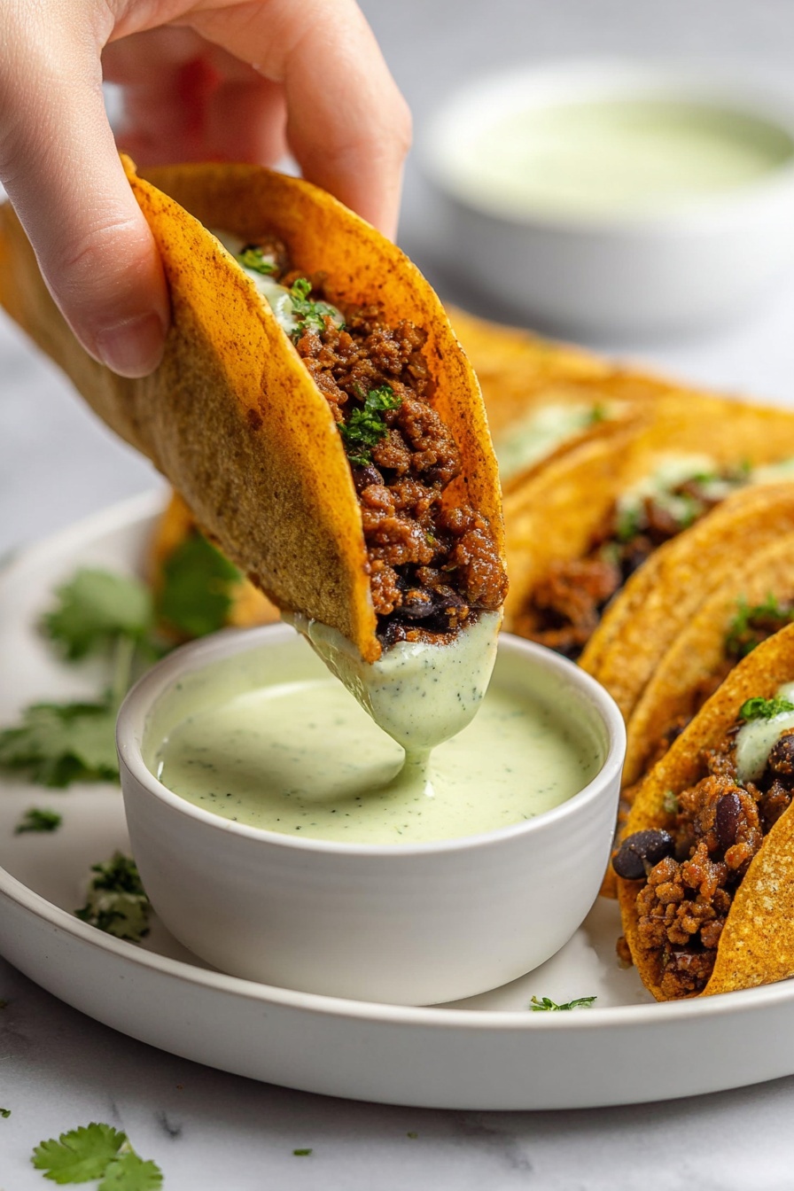 Crispy Ground Turkey Tacos with Avocado Sauce, ground turkey taco recipe, crispy taco recipe, healthy ground turkey tacos, avocado sauce for tacos - The image shows four folded golden-brown tortillas on a white plate with a white marbled surface background. Each tortilla is filled with a dark layer of what looks like cooked black beans mixed with a brown filling, peeking out slightly from the open edges. There are light green creamy sauce dollops spread unevenly over the top of the tortillas with some dripping down the sides. Fresh green cilantro leaves are scattered around the plate and a small white bowl with more of the light green sauce and a spoon inside it sits on the right side. A glass with ice and a light-colored drink is at the top left corner. Photo taken with an iphone --ar 2:3 --v 7