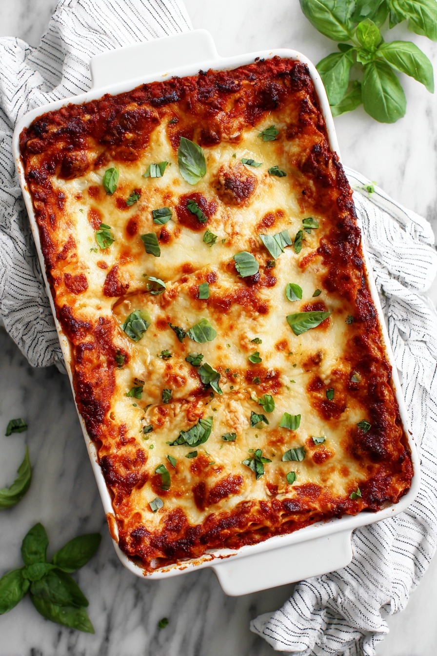 Vegetarian Roasted Vegetable Lasagna, vegetarian lasagna recipe, roasted vegetable lasagna, hearty veggie lasagna, meat-free lasagna - A white rectangular baking dish filled with a layered lasagna, viewed from above. The lasagna has about four layers. The bottom layer is made of green vegetables, likely spinach or zucchini, followed by a layer of pale yellow noodles. On top of the noodles is a bright red tomato sauce spread evenly. The topmost layer is covered with a thick, uneven mix of shredded white and slightly cream-colored cheese, giving the surface a textured look. The dish rests on a white marbled surface photo taken with an iphone --ar 2:3 --v 7