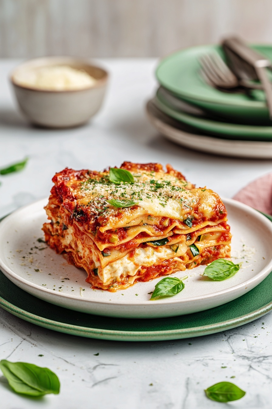 Vegetarian Roasted Vegetable Lasagna, vegetarian lasagna recipe, roasted vegetable lasagna, hearty veggie lasagna, meat-free lasagna - A white rectangular baking dish filled with a baked lasagna showing multiple layers: at the bottom, a red tomato sauce with herbs, followed by a layer of pasta sheets, topped with melted golden cheese that is slightly browned in spots. Bright green basil leaves are scattered on top, along with small green herb pieces sprinkled evenly across the cheese. The dish sits on a white marbled surface with extra fresh basil leaves nearby, and a striped white and gray cloth partially visible to the side. Photo taken with an iphone --ar 2:3 --v 7