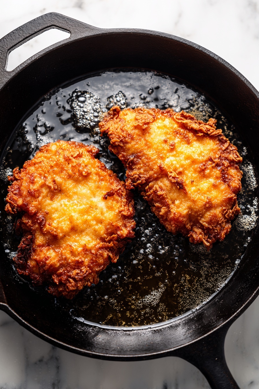Pretzel Crusted Chicken with Cheddar Sauce, crispy chicken with pretzel crust, cheesy chicken recipe, easy baked chicken with cheese, indulgent chicken dinner - The image shows two pieces of golden brown fried chicken cooking in a black cast iron skillet. The chicken has a crispy, crunchy texture with uneven, rough edges and a deep, warm brown color. The surface of the oil in the skillet bubbles gently around the chicken, reflecting light with small shiny spots. The skillet sits on a white marbled surface, creating a clean and bright background. Photo taken with an iphone --ar 2:3 --v 7
