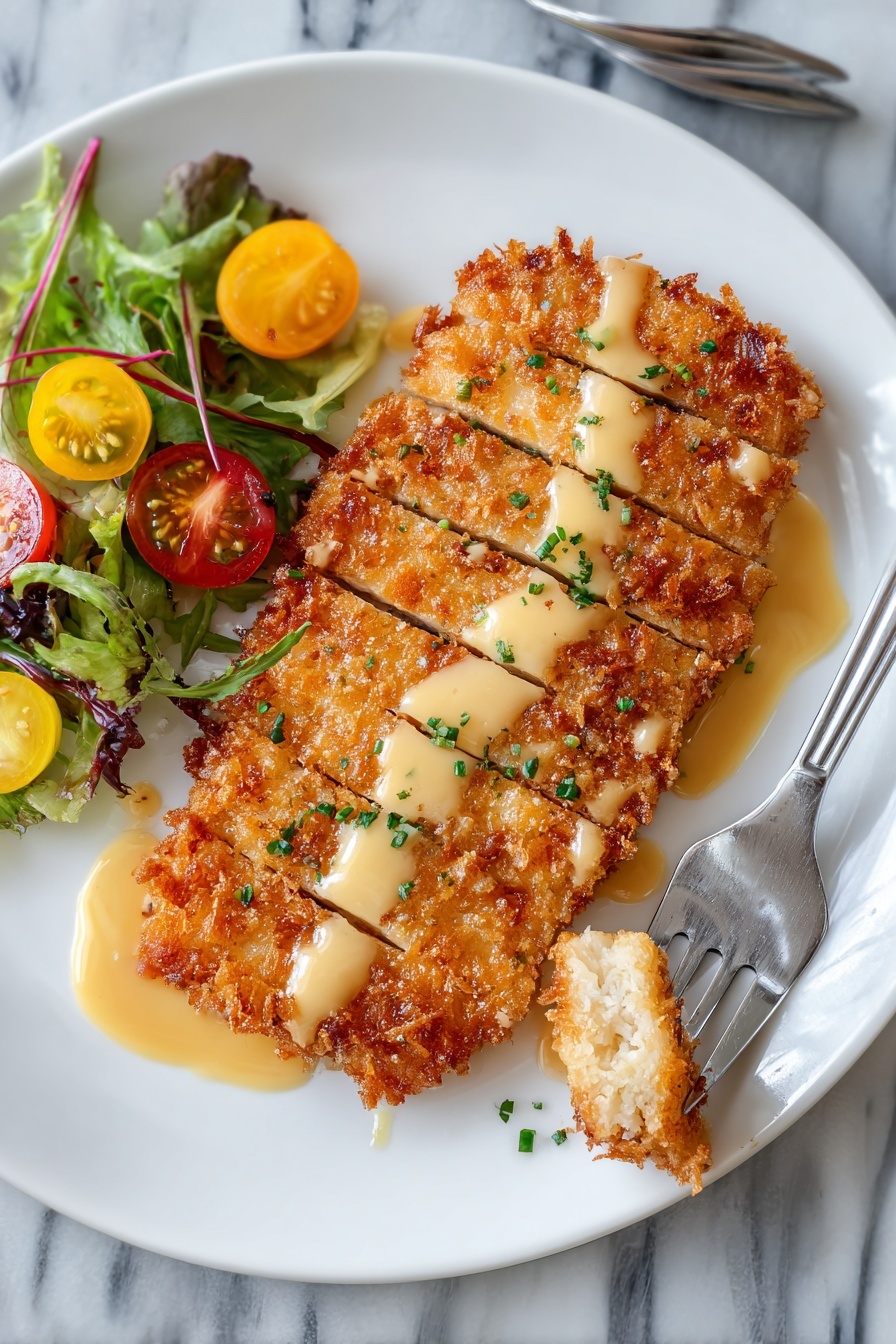 Pretzel Crusted Chicken with Cheddar Sauce, crispy chicken with pretzel crust, cheesy chicken recipe, easy baked chicken with cheese, indulgent chicken dinner - The dish shows a thick, crispy golden brown fried piece of chicken with a rough textured crust, lightly drizzled with a smooth, light beige creamy sauce and sprinkled with small pieces of fresh green herbs. On the side, there is a small fresh salad made of mixed dark and light green leafy lettuce, and halved cherry tomatoes in bright red and yellow colors. All the food is placed on a clean white plate, resting on a white marbled surface, with a silver fork visible in the background. Photo taken with an iphone --ar 2:3 --v 7