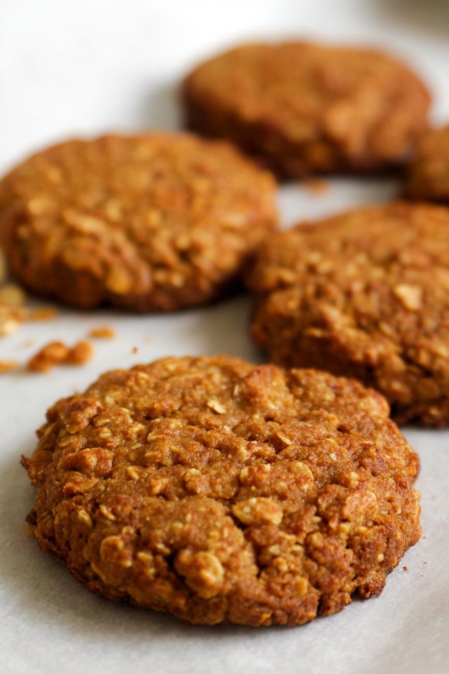 Healthy Gingerbread Oatmeal Cookies, Healthy Gingerbread Cookies, Gingerbread Spiced Oatmeal Cookies, Low-Sugar Gingerbread Cookies, Whole Grain Gingerbread Cookies - A stack of five textured brown oat cookies with visible oats throughout, placed in the center of a silver baking tray on a white marbled surface, with one more cookie lying flat to the left in the background and soft natural light casting gentle shadows that highlight the cookies' rough surface and thickness photo taken with an iphone --ar 2:3 --v 7