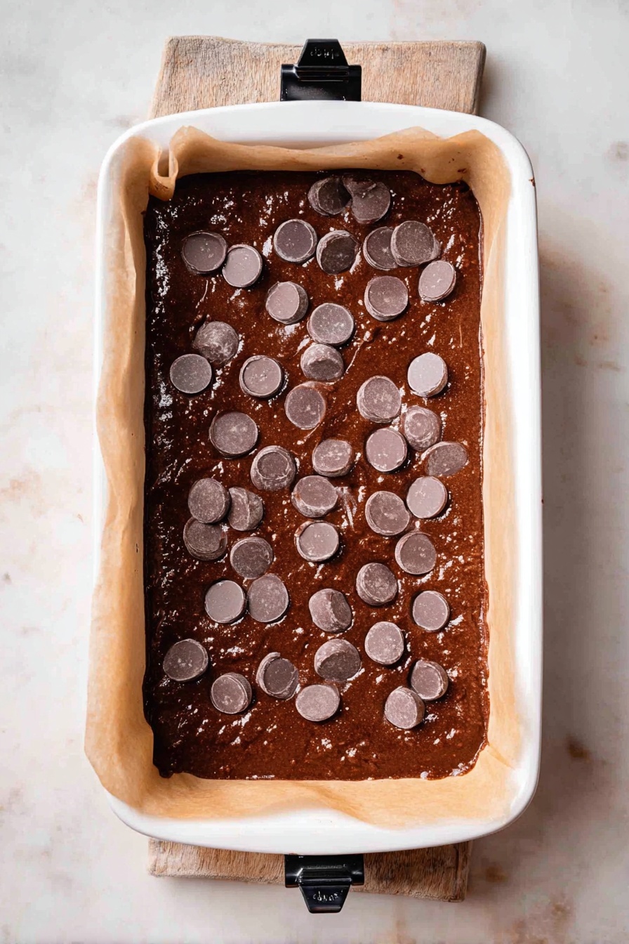 Chocolate Espresso Banana Bread, Banana Bread with Espresso and Chocolate, Moist Banana Bread Recipe, Easy Banana Bread with Coffee, Best Banana Nut Bread - The image shows a white rectangular baking dish lined with parchment paper, filled with thick dark brown chocolate batter. On top of the batter, there are many round, flat, shiny chocolate chips scattered unevenly. The parchment paper extends up on the longer sides, held in place with black clips. The dish is placed on a white marbled surface that contrasts with the rich color of the batter. The texture of the batter looks smooth and glossy, with small air bubbles visible. photo taken with an iphone --ar 2:3 --v 7