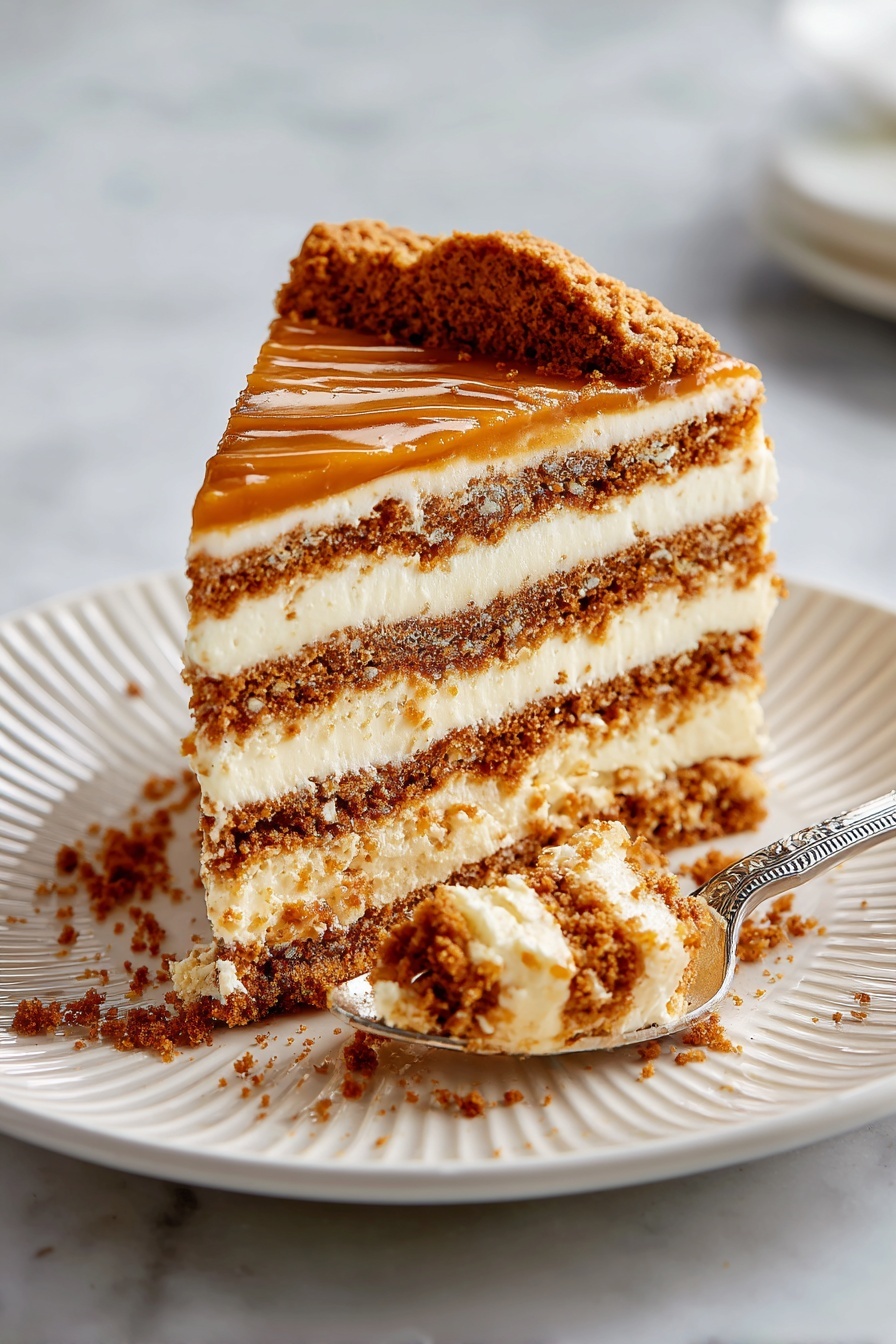 No-Bake Cookie Butter Icebox Cake, cookie butter dessert, no-bake layered cake, easy cookie butter cake, no-bake dessert recipes - A slice of layered dessert with eight alternating layers of light cream and crumbly brown cookies sits on a white plate with a ridged pattern. The top layer has a smooth caramel-colored spread with a broken cookie piece on the side. Crumbs are scattered around the slice and plate. A detailed silver spoon rests on the plate, holding a bite of the dessert with layers visible. The plate is set on a white marbled surface. photo taken with an iphone --ar 2:3 --v 7