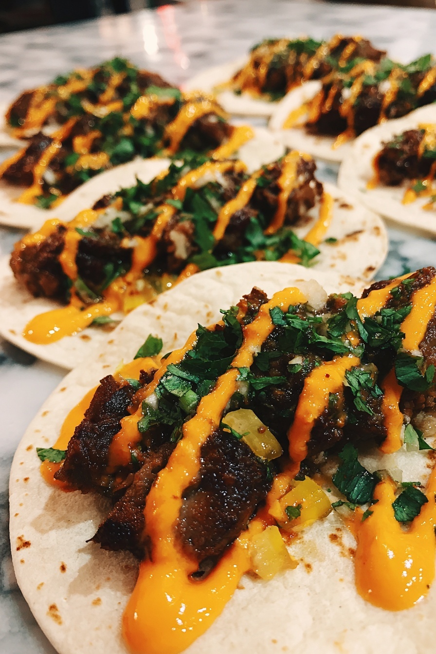 Garlic Honey BBQ Tacos, honey BBQ tacos, smoky garlic tacos, easy taco recipes, flavorful weeknight dinner - A close-up of soft white tortillas each topped with a layer of dark brown cooked meat mixed with small yellow pieces, drizzled generously with an orange creamy sauce, and sprinkled with fresh green chopped herbs, all arranged in a row on a white marbled surface. photo taken with an iphone --ar 2:3 --v 7