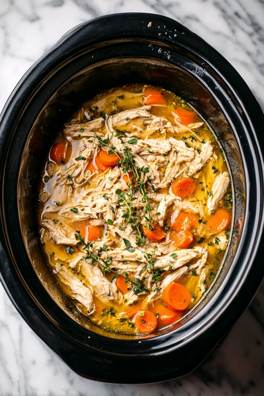 Crockpot Chicken Thighs with Vegetables, Easy slow cooker chicken dinner, one-pot chicken and vegetable recipe, tender chicken thighs with vegetables, fuss-free slow cooker meal - Inside a black slow cooker, there is a mix of shredded light brown chicken pieces and small round orange carrot slices, all sitting in a shiny golden broth. The food is sprinkled with small bright green herb leaves, adding a fresh touch. The black sides of the slow cooker curve around the food, with some bits sticking near the top edge. The cooker is placed on a white marbled surface. photo taken with an iphone --ar 2:3 --v 7