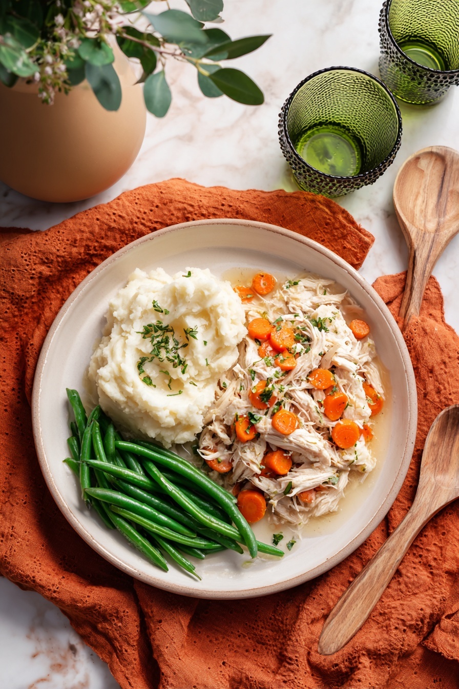 Crockpot Chicken Thighs with Vegetables, Easy slow cooker chicken dinner, one-pot chicken and vegetable recipe, tender chicken thighs with vegetables, fuss-free slow cooker meal - A black ladle is lifting a spoonful of thick stew from a dark pot. The stew has shredded light brown meat mixed with soft, bright orange carrot slices and small bits of fresh green herbs on top. The stew is coated in a glossy, creamy sauce that makes the meat and carrots look tender and well cooked. The background shows more stew in the pot, with similar colors and chunky texture, all set against a white marbled surface. photo taken with an iphone --ar 2:3 --v 7