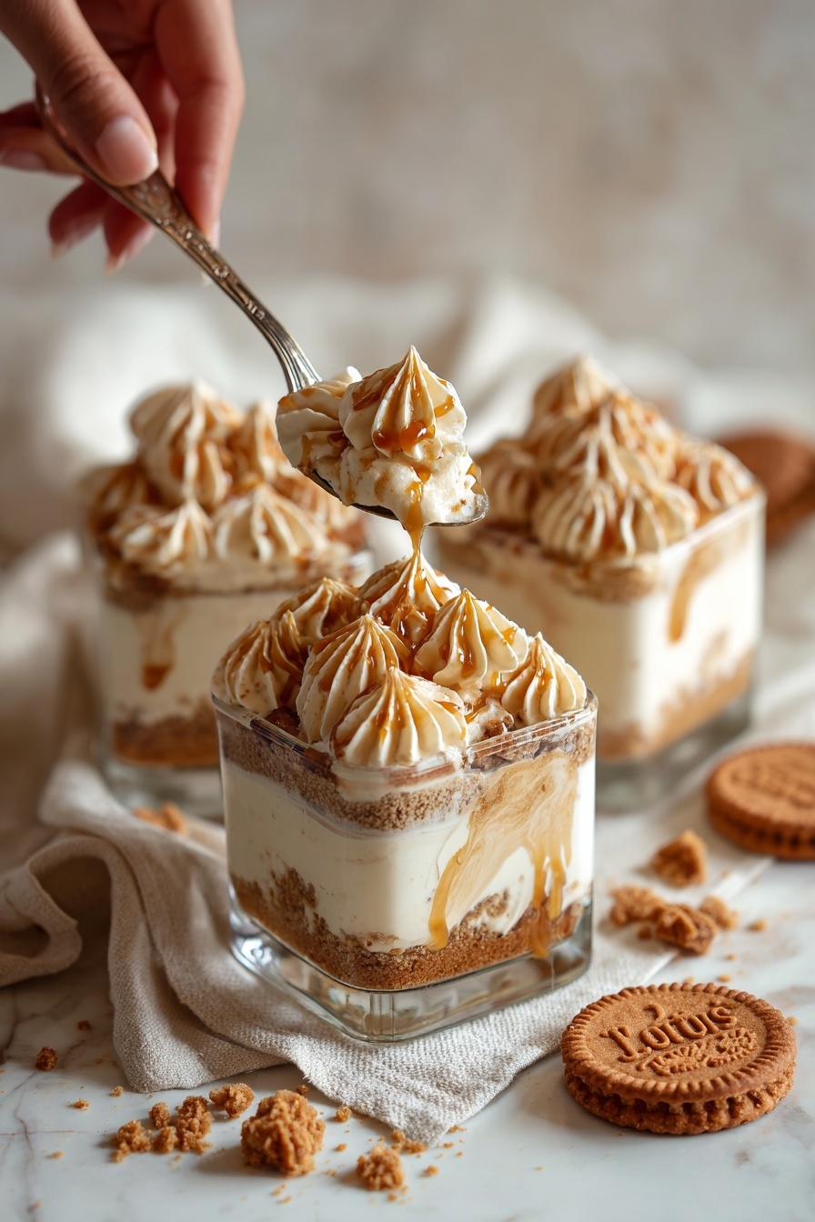 Easy Biscoff Tiramisu, Biscoff Tiramisu dessert, no-bake tiramisu recipe, creamy Biscoff dessert, quick tiramisu with Biscoff cookies - A square glass container holds a dessert with multiple layers. The top layer is decorated with evenly spaced dollops of light beige cream, each with a swirled texture, sprinkled with golden brown crumbled cookie bits. A rich caramel sauce is drizzled over the cream and crumbs in thin, uneven lines. Some crushed cookie pieces are scattered on the white cloth beneath the container, which sits on a white marbled surface. Another similar container is partially visible in the top right corner. Photo taken with an iphone --ar 2:3 --v 7
