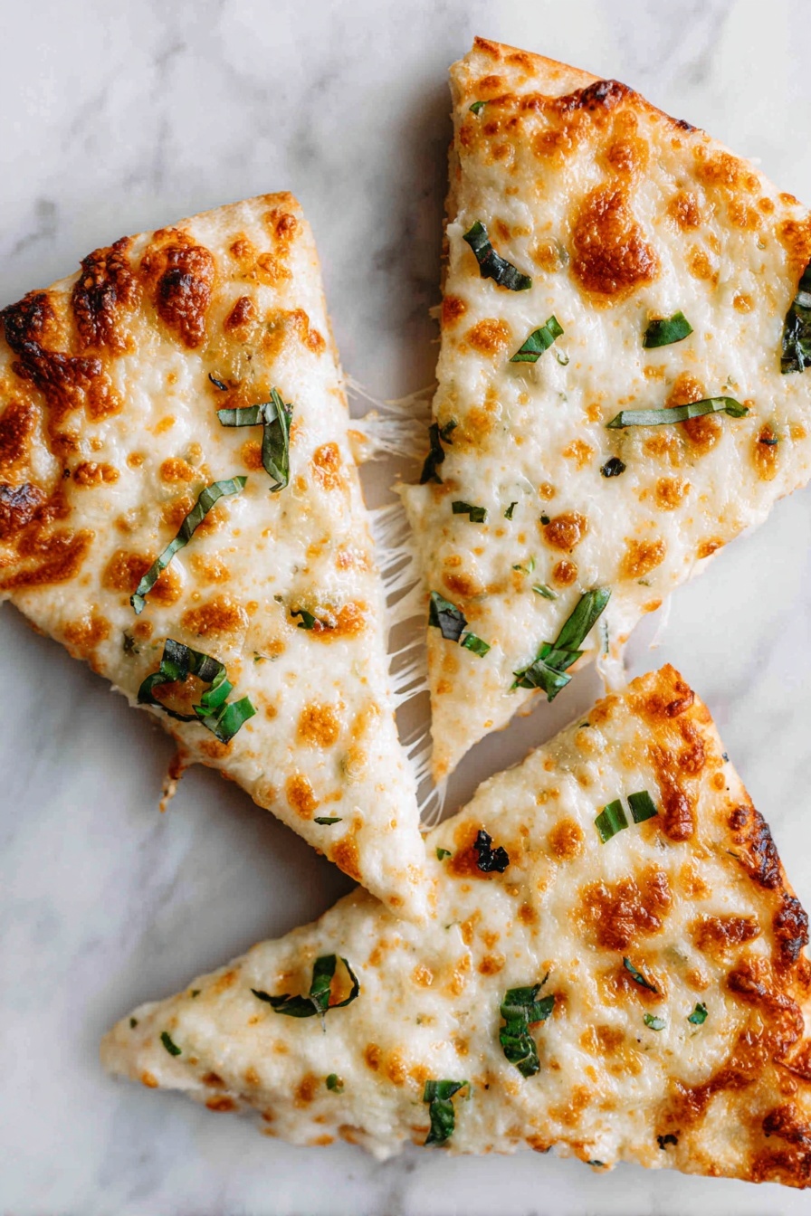 Garlic White Pizza with Parmesan, garlic white pizza, cheesy garlic pizza, white pizza with parmesan, easy garlic pizza recipe - The image shows three triangular slices of pizza on a white marbled surface. Each slice has a thin, light golden crust layered with melted cheese that is creamy white with bubbly golden brown spots on top. Small green basil leaves are scattered on the cheese, adding a fresh contrast to the warm colors. Some cheese is stretching slightly off the edges of the slices, showing a soft texture. The slices are placed close together, filling the frame with their warm and inviting look. photo taken with an iphone --ar 2:3 --v 7