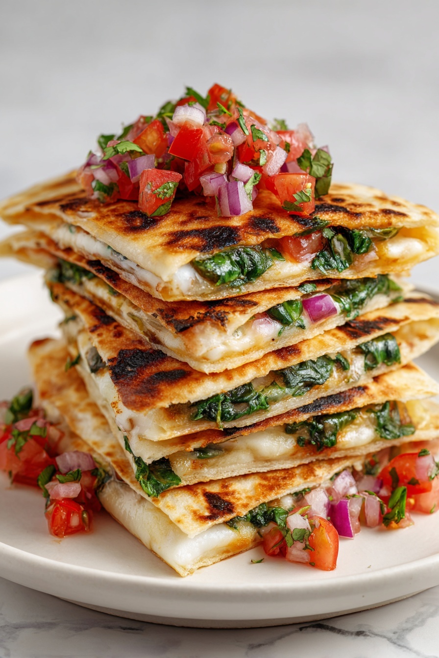 Mediterranean Spinach Feta Quesadillas, Mediterranean Quesadillas, Spinach and Feta Quesadillas, Easy Mediterranean Breakfast, Quick Spinach Feta Dinner - This image shows a stack of folded quesadilla triangles with a golden-brown, slightly charred outer layer and a soft, warm texture. Each triangle reveals layers of white cheese, bright green spinach, and finely cooked onions inside. On top of the stack are small piles of colorful salsa made of diced red tomatoes, purple onions, and chopped green cilantro. The dish is presented on a white plate placed on a white marbled surface. photo taken with an iphone --ar 2:3 --v 7