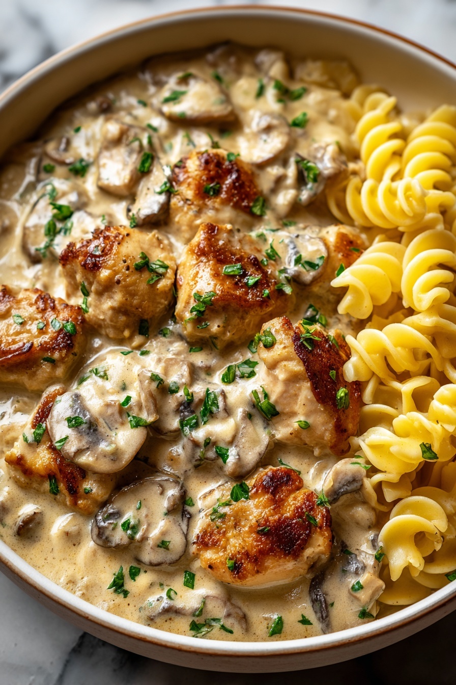 Creamy Chicken Mushroom Stroganoff, chicken mushroom pasta, easy dinner recipes, comforting weeknight meals, hearty chicken mushroom dish - A close-up view of a creamy dish with three layers: at the bottom, small pieces of light golden chicken, above them, thick slices of brown mushrooms, and the top layer is a rich, smooth white cream sauce that covers the chicken and mushrooms, sprinkled with finely chopped green herbs. The dish is served in a white bowl set on a white marbled surface. photo taken with an iphone --ar 2:3 --v 7