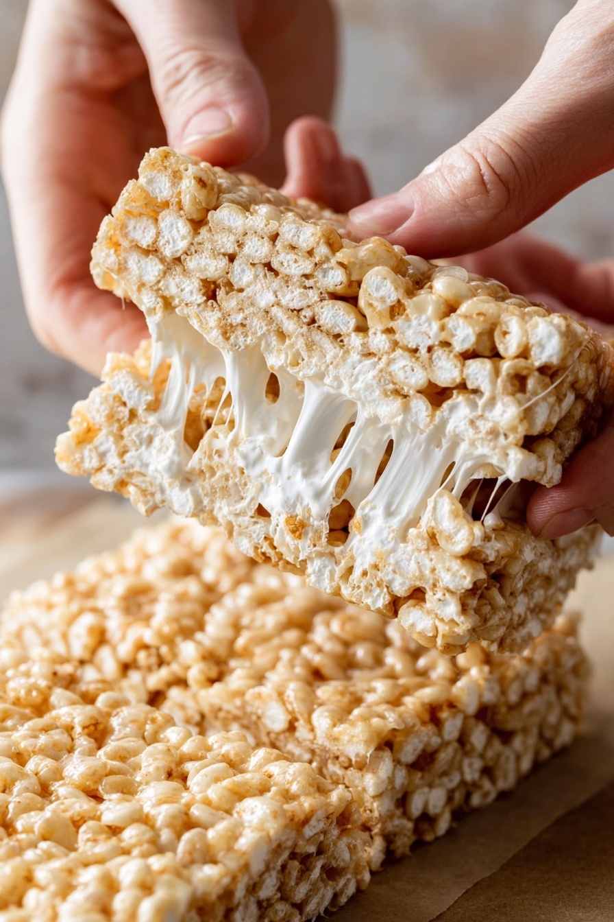 Brown Butter Dulce de Leche Rice Krispie Treats, gourmet Rice Krispie treats with brown butter, dulce de leche Rice Krispie bars, caramelized butter Rice Krispies, elevated Rice Krispie recipes - The image shows three stacked cereal bars with three clear layers each. The top and bottom layers are light beige and textured, made of puffed rice mixed with melted marshmallows, giving a soft and slightly uneven surface. The middle layer is a sticky, shiny caramel color that looks rich and gooey, slightly oozing out between the cereal layers. Each bar is separated by thin pieces of white parchment paper, and the bars are placed on a rustic wooden surface with a warm brown tone. photo taken with an iphone --ar 2:3 --v 7