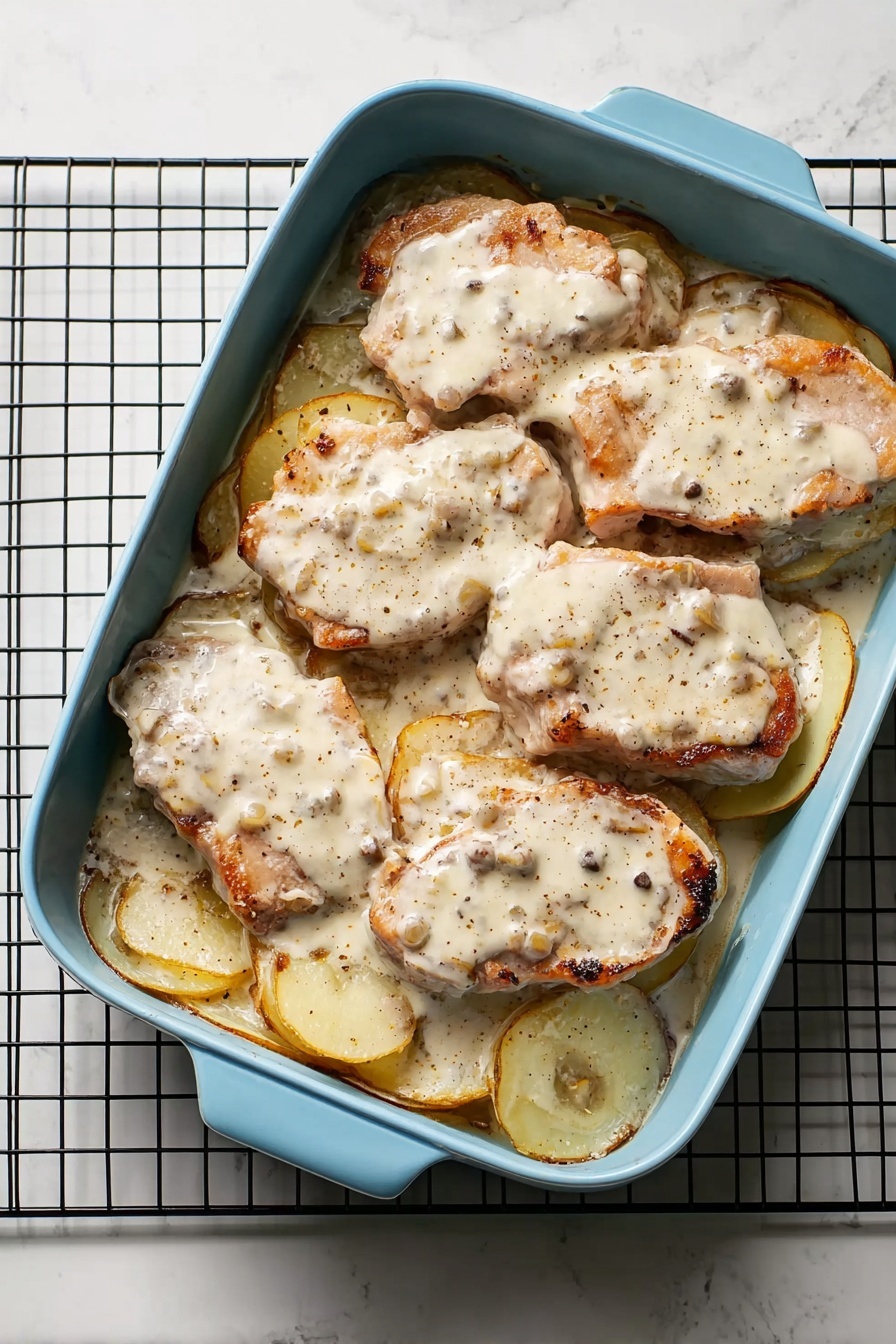 Creamy Pork Chop and Potato Casserole, comforting pork and potato bake, cheesy pork and potato casserole, savory pork and potato dish, hearty casserole dinner - A blue rectangular dish filled with seven large pieces of cooked pork topped with a creamy white sauce speckled with small bits, all resting on a base layer of thin, overlapping potato slices that are pale yellow with some browning at the edges, the dish placed on a black wire rack over a white marbled surface photo taken with an iphone --ar 2:3 --v 7