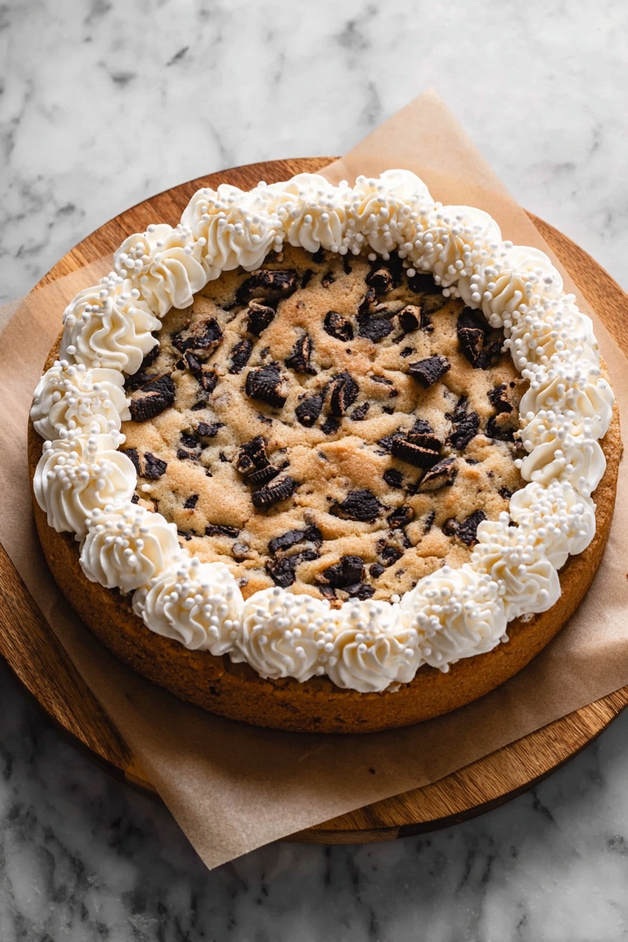 Oreo Cookie Cake, Oreo cookie cake recipe, indulgent Oreo cake, chewy Oreo dessert, homemade Oreo cake - A single-layer round cookie cake with a golden brown color filled with dark cookie chunks throughout the top surface. The edge of the cake is decorated with a ring of white whipped cream swirls, each swirl topped with small white sugar pearls. The cookie sits on a piece of parchment paper over a round wooden board, all placed on a white marbled surface. photo taken with an iphone --ar 2:3 --v 7