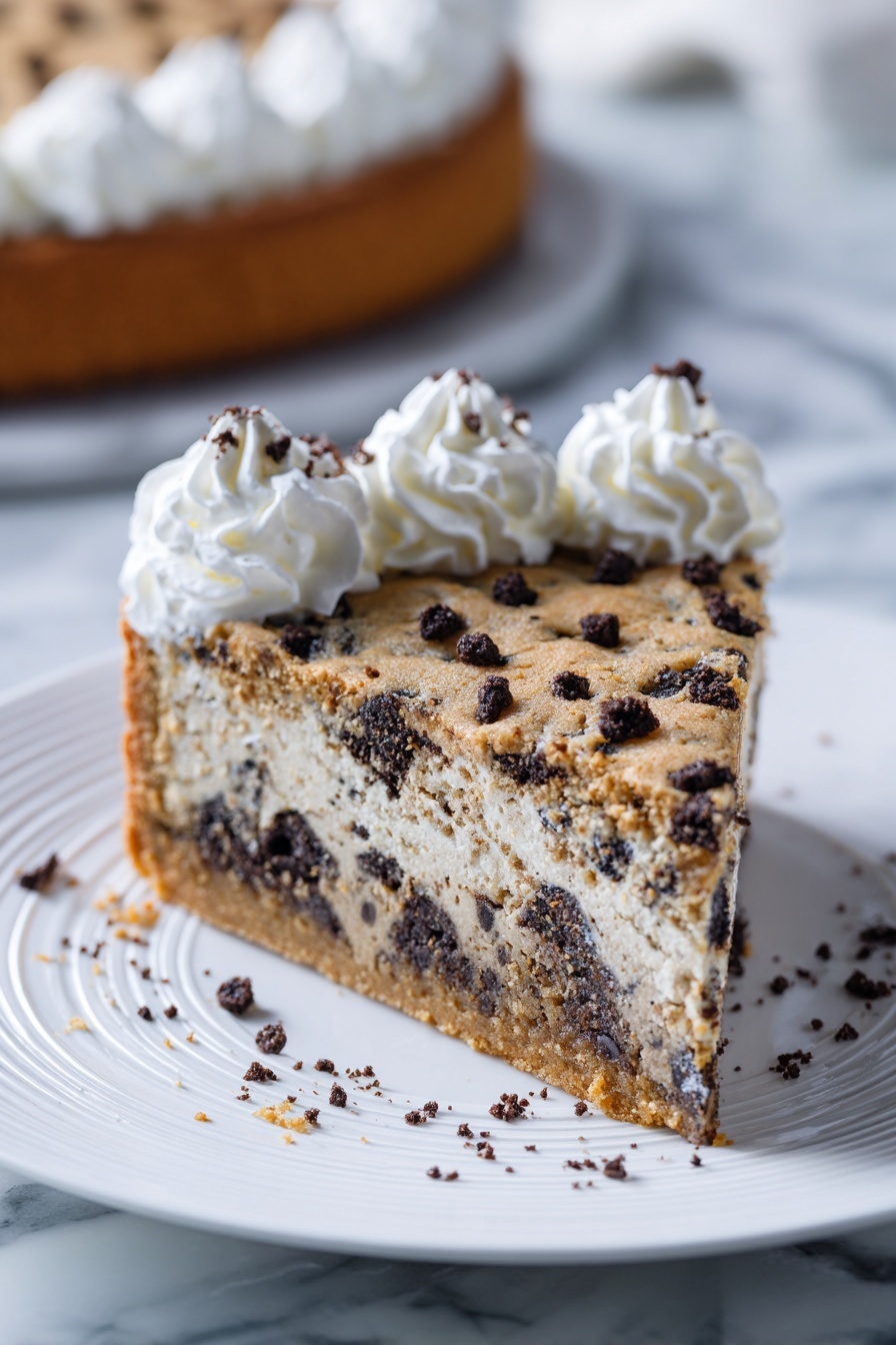 Oreo Cookie Cake, Oreo cookie cake recipe, indulgent Oreo cake, chewy Oreo dessert, homemade Oreo cake - A round cookie cake is sliced into eight pieces, showing a dense, light brown base loaded with dark cookie chunks. The top layer of the cookie cake is golden with darker cookie pieces scattered evenly across. On two slices, there are swirls of white cream with small white pearl sprinkles on top. One slice is slightly pulled out, revealing the thick textured inside with cookie bits. The cookie cake sits on a white marbled surface with some cookie crumbs around. Photo taken with an iphone --ar 2:3 --v 7